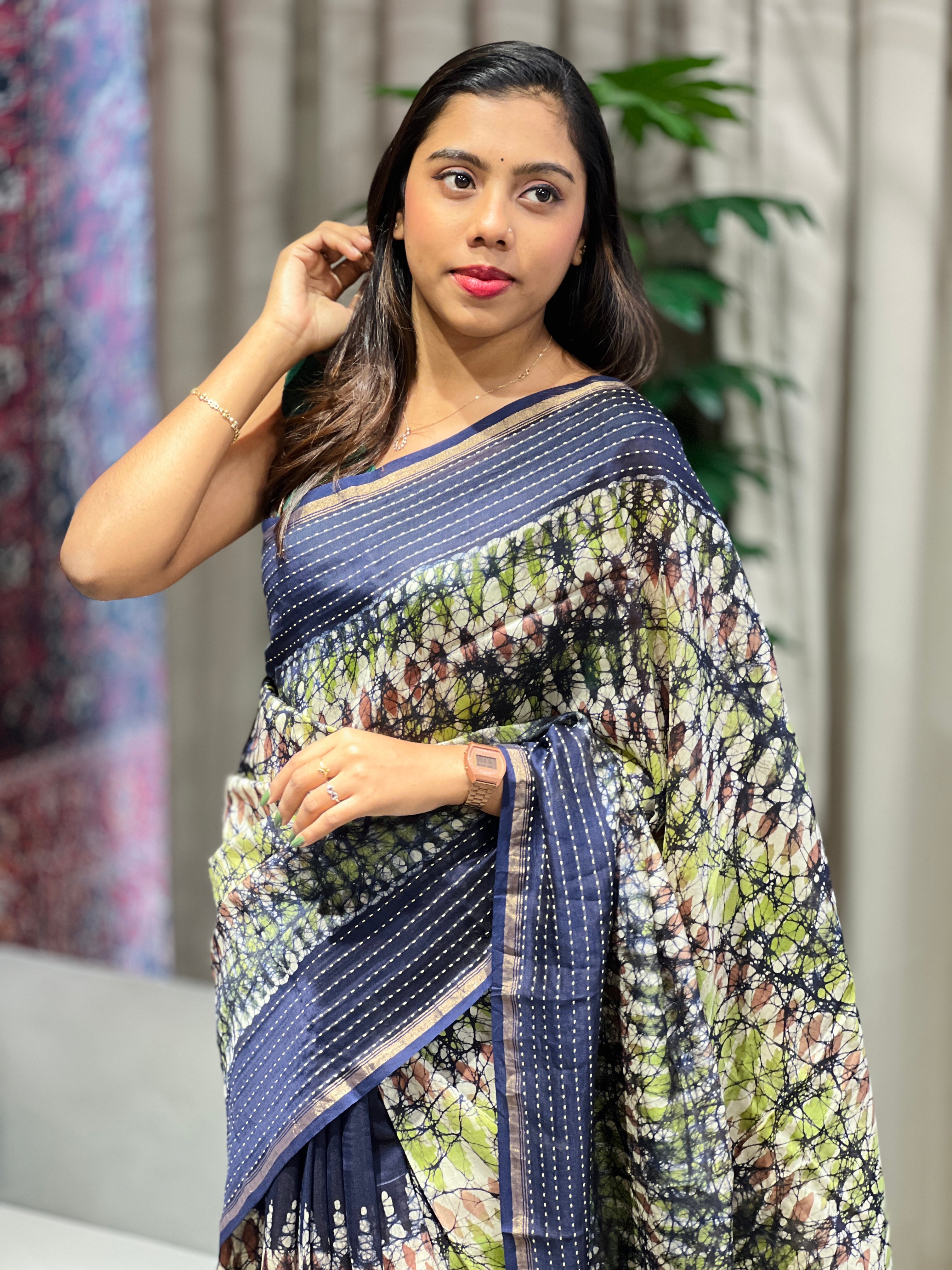 Batik Print With Kantha Embroidered Chanderi Saree | RGD916R