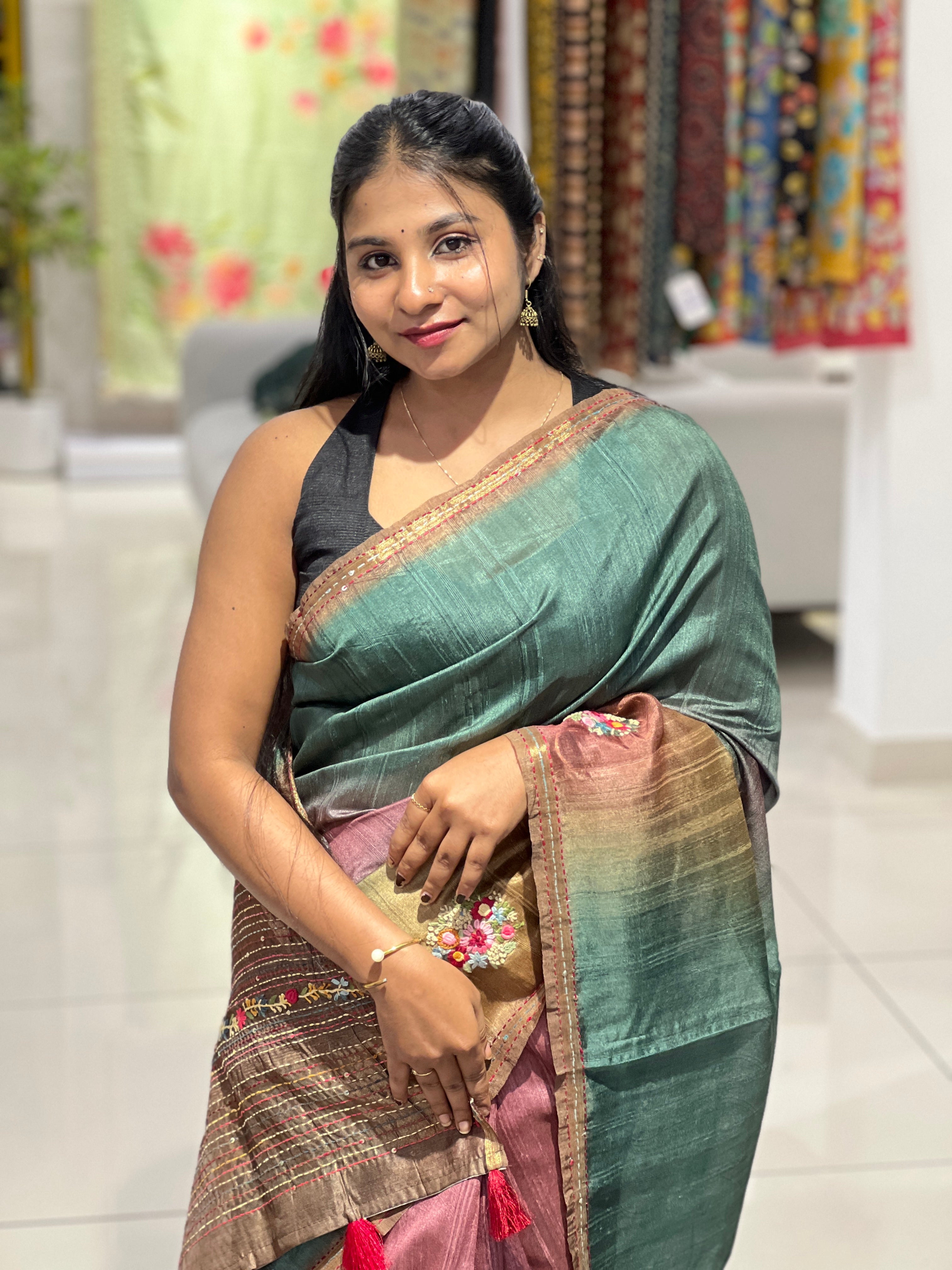 Hand Embroidery With Sequence Detailed Semi Tussar Saree | BLD682