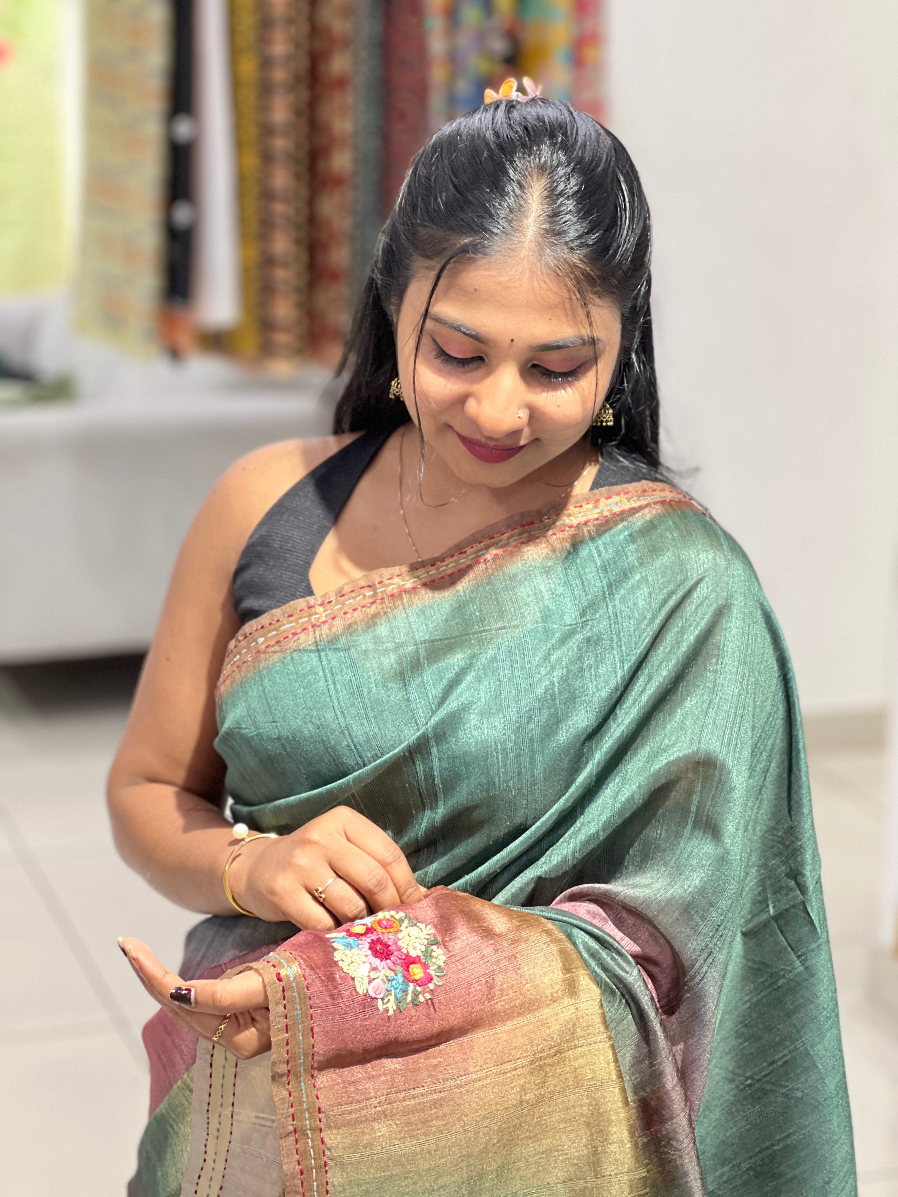 Hand Embroidery With Sequence Detailed Semi Tussar Saree | BLD682