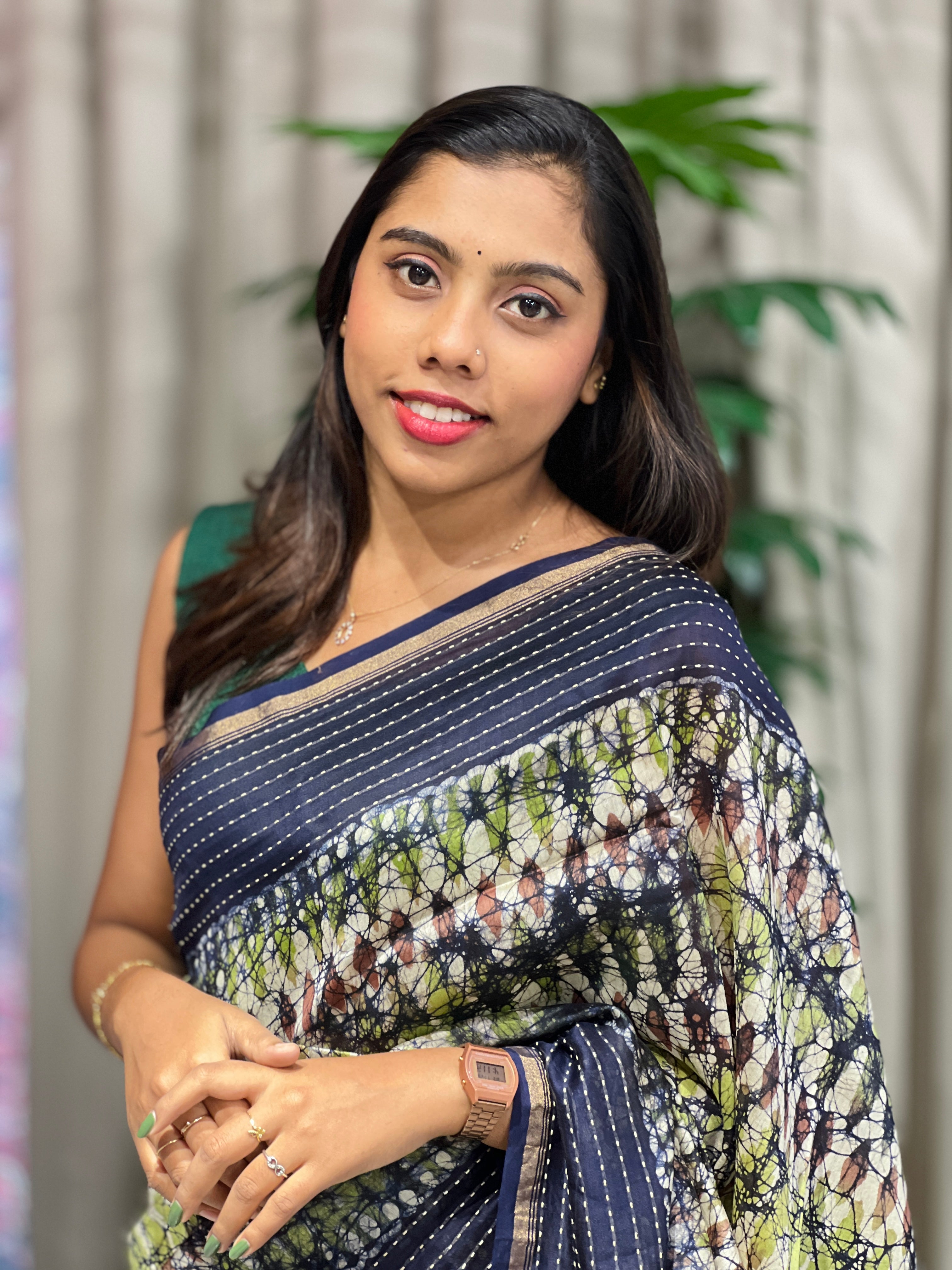 Batik Print With Kantha Embroidered Chanderi Saree | RGD916R