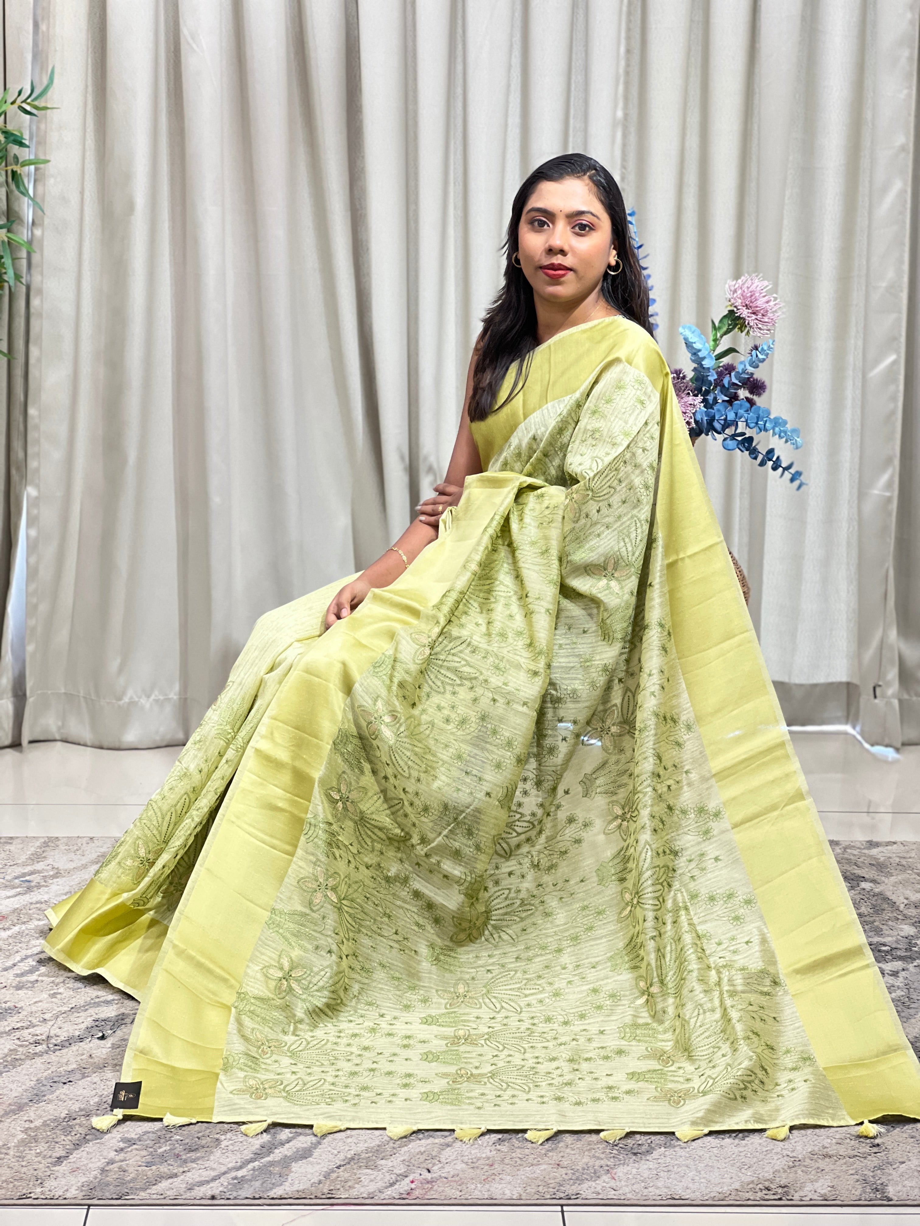 Floral Embroidered Green Silk Saree | ZSS501