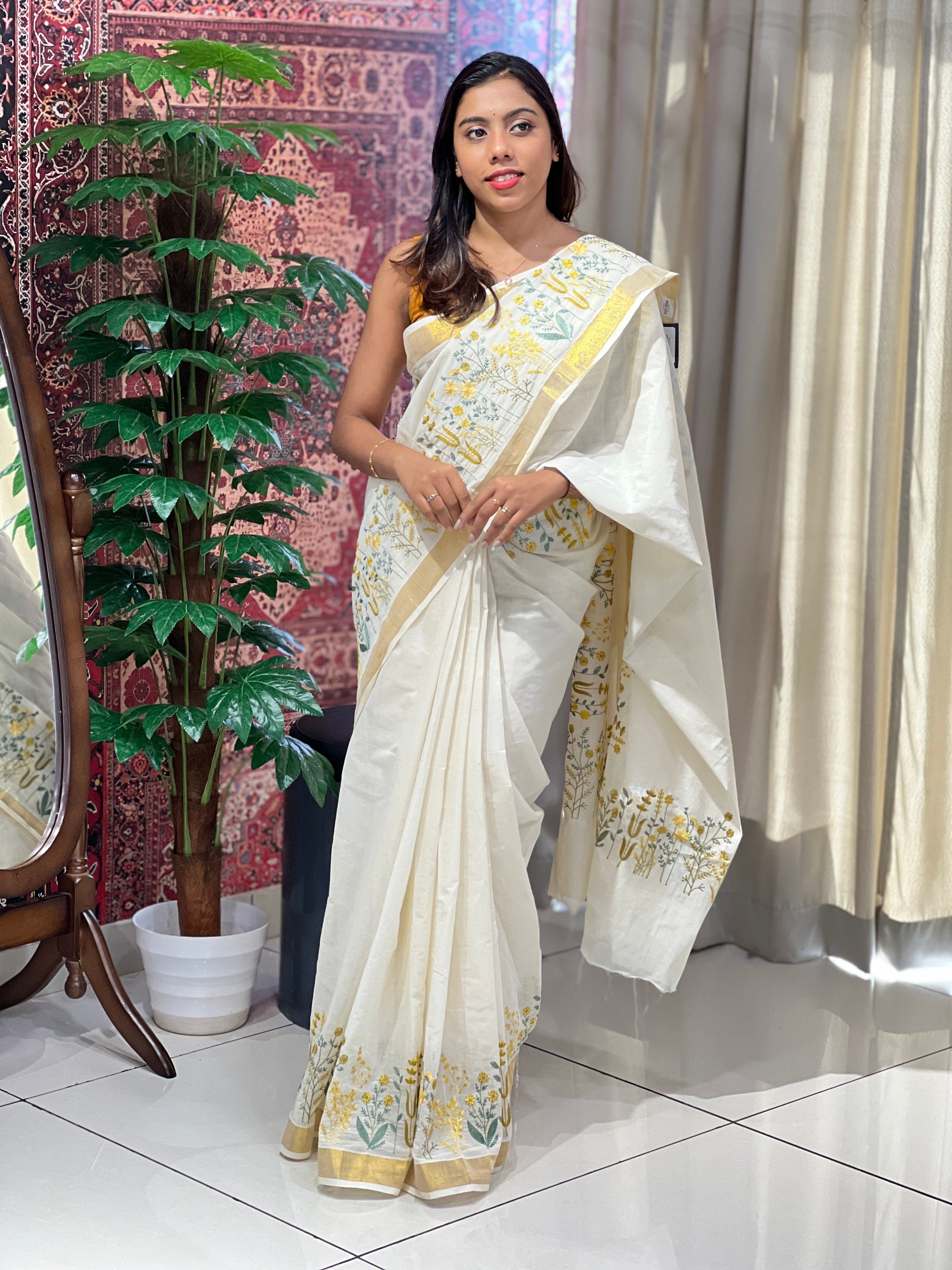 Floral Embroidery Detailed Kerala Cotton Saree | JSC291