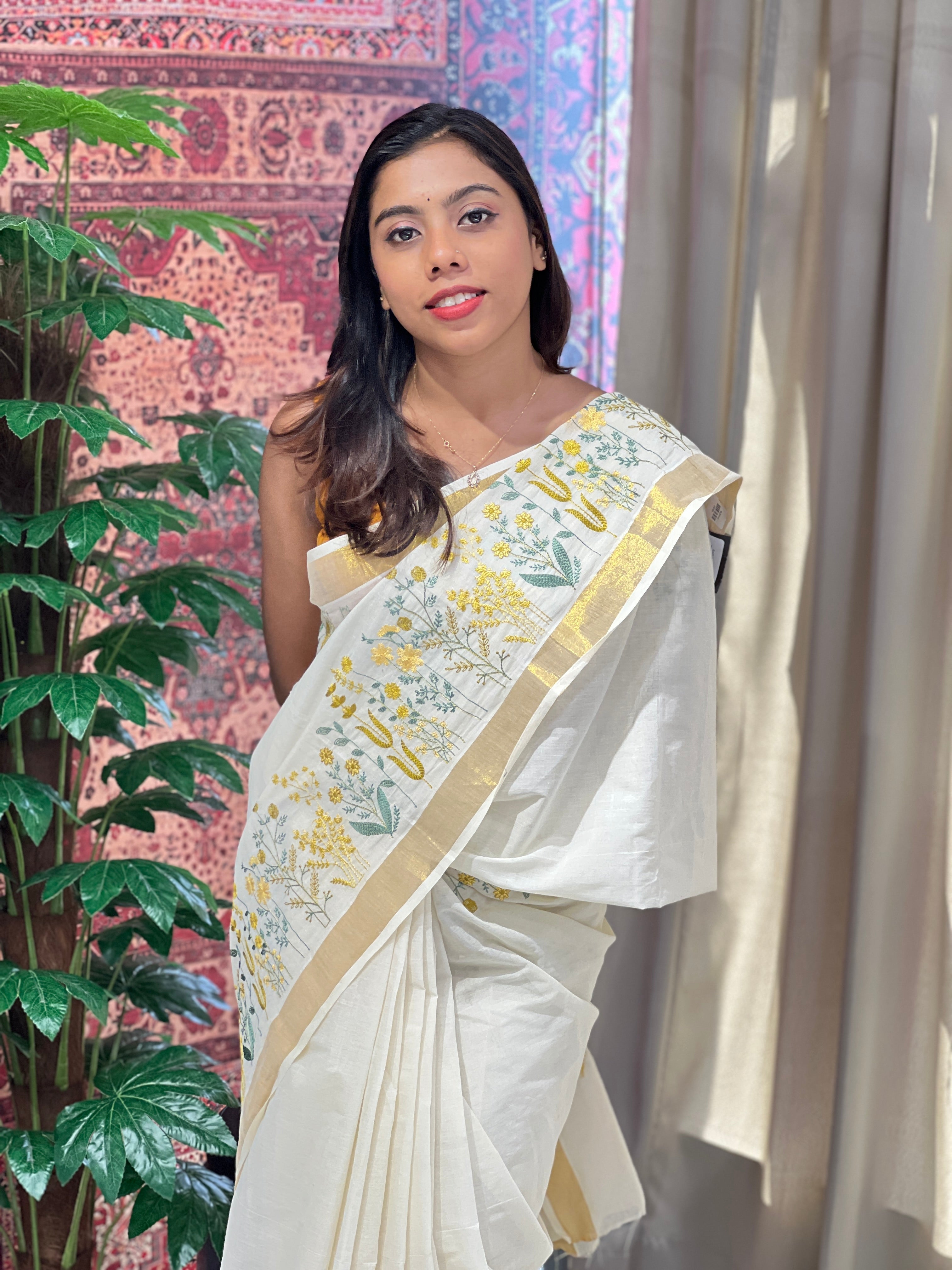 Floral Embroidery Detailed Kerala Cotton Saree | JSC291