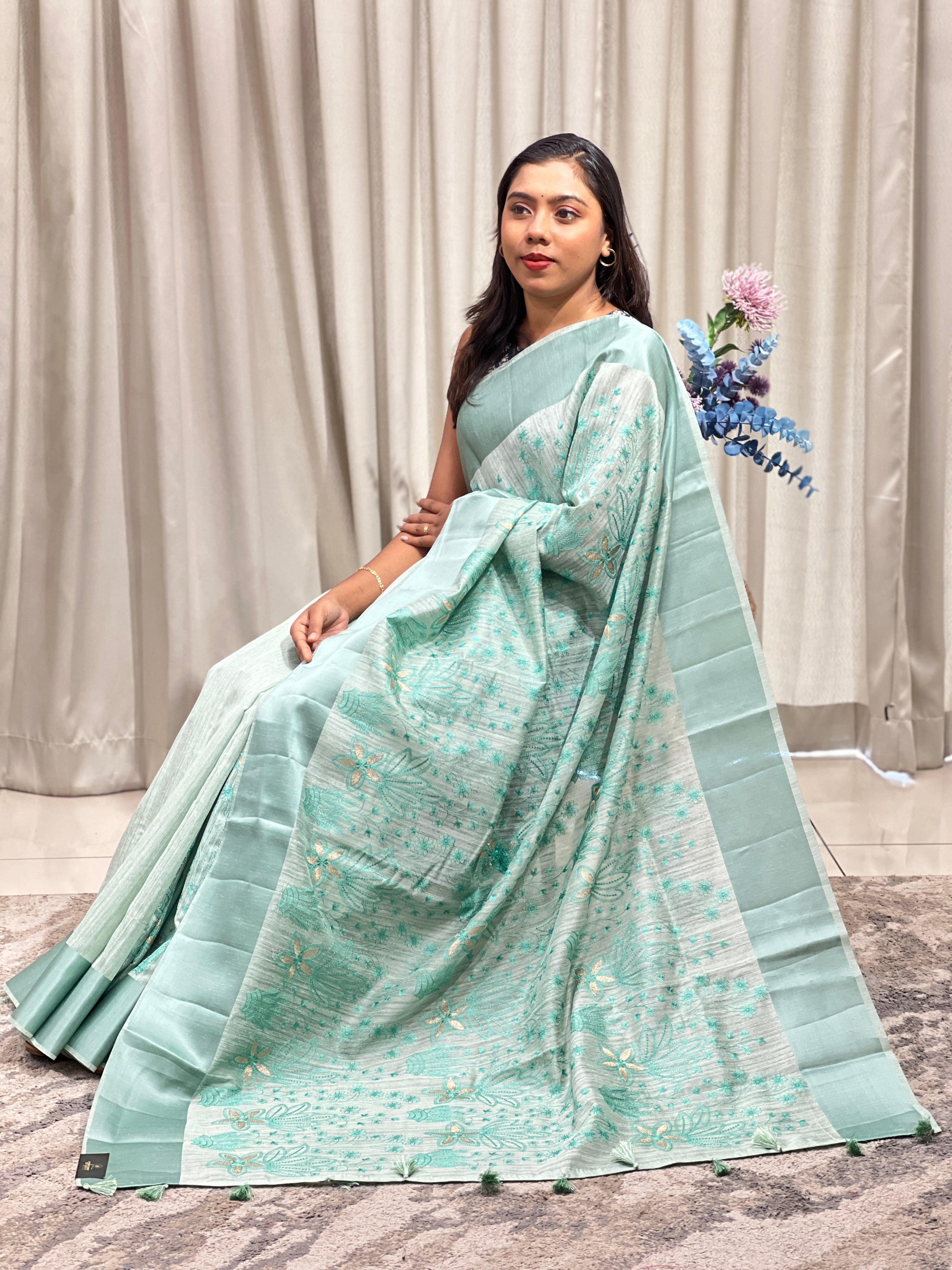 Floral Embroidered Green Silk Saree | ZSS499
