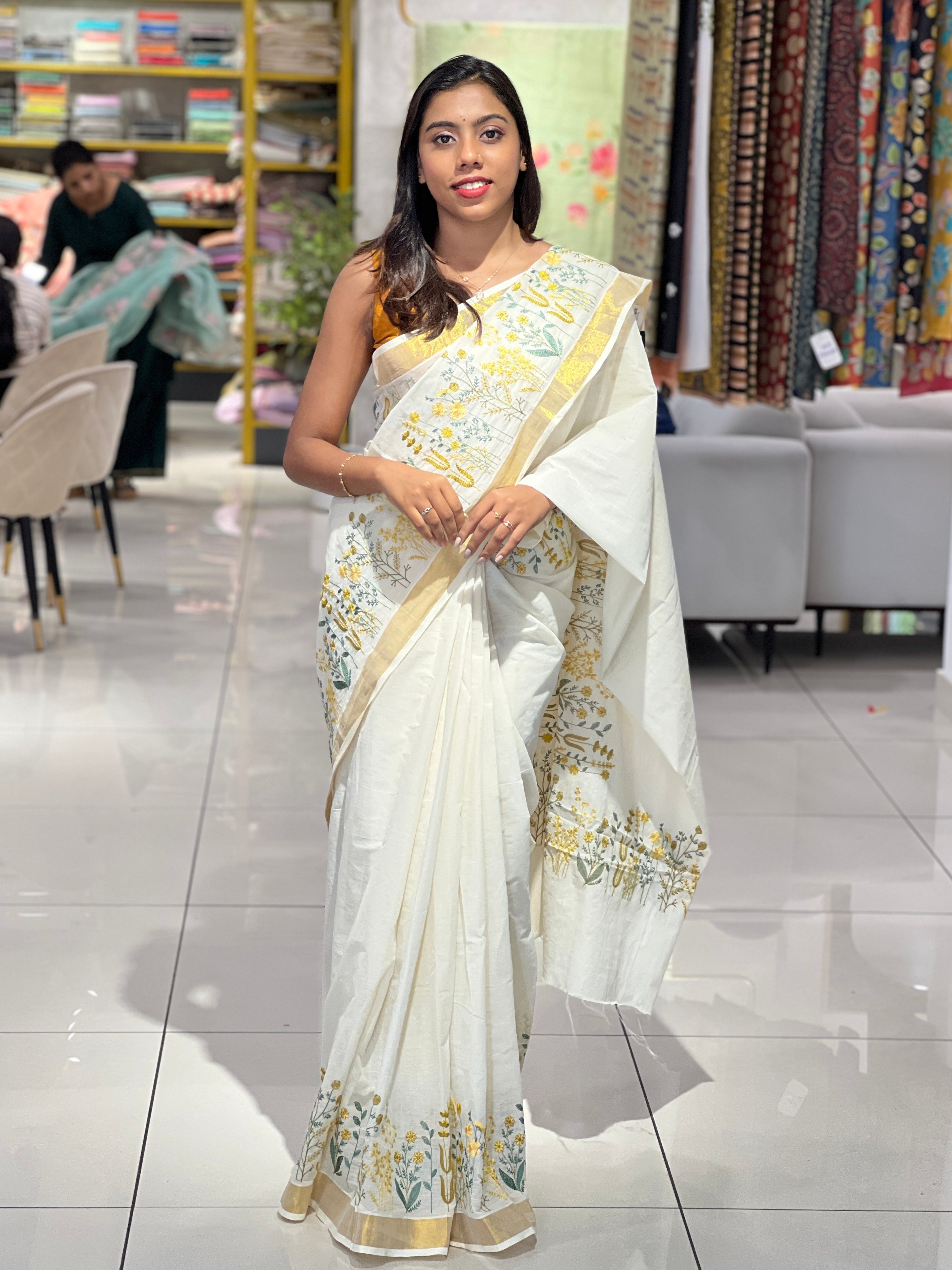 Floral Embroidery Detailed Kerala Cotton Saree | JSC291