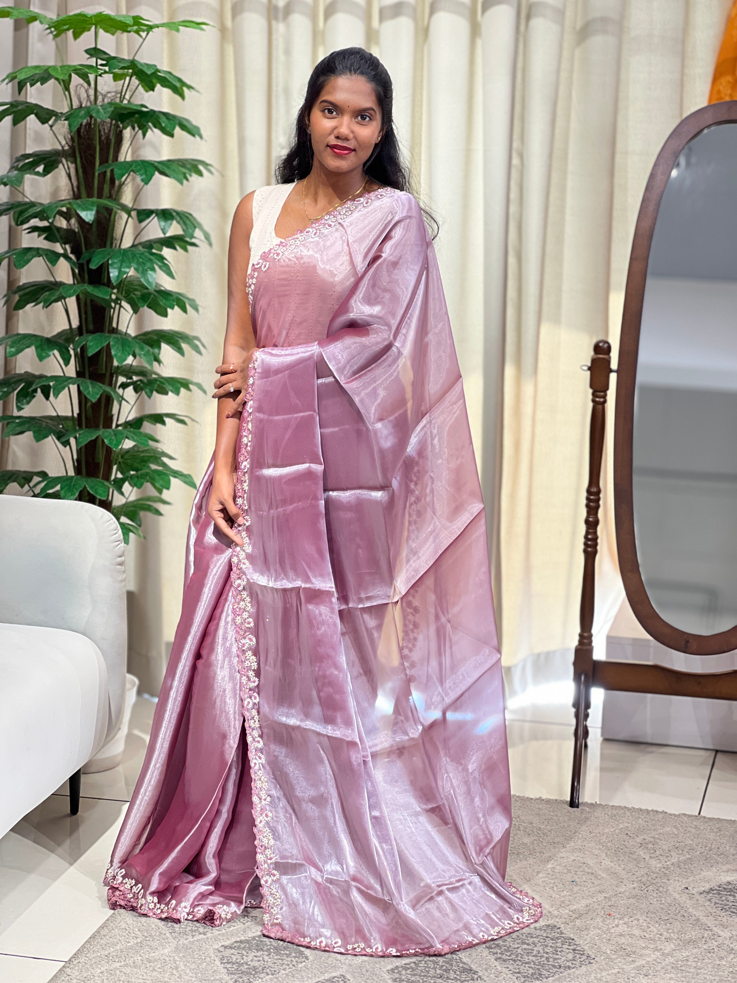 Hand Embroidery Detailed Shimmer Organza Saree | DNT1008