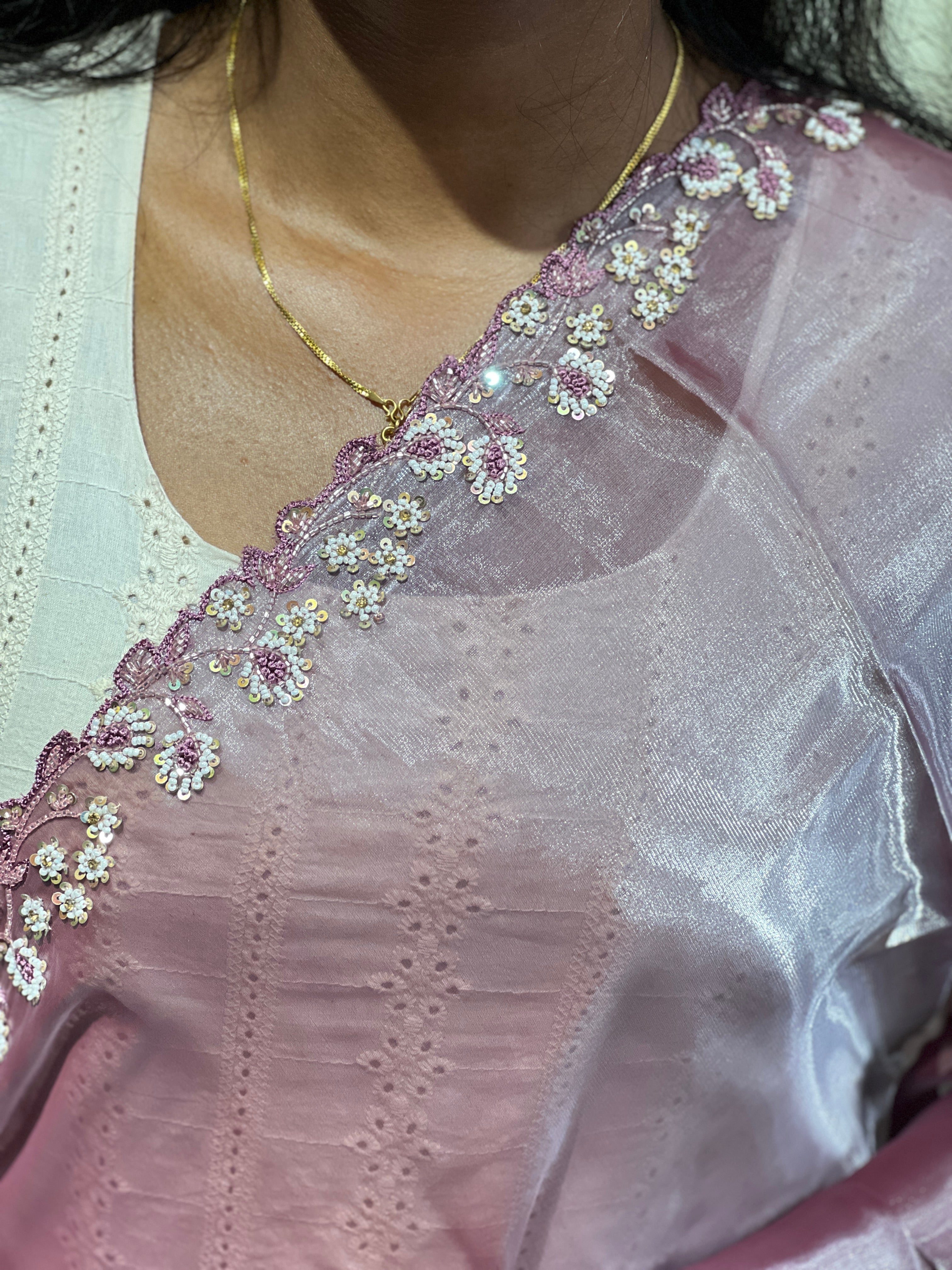 Hand Embroidery Detailed Shimmer Organza Saree | DNT1008