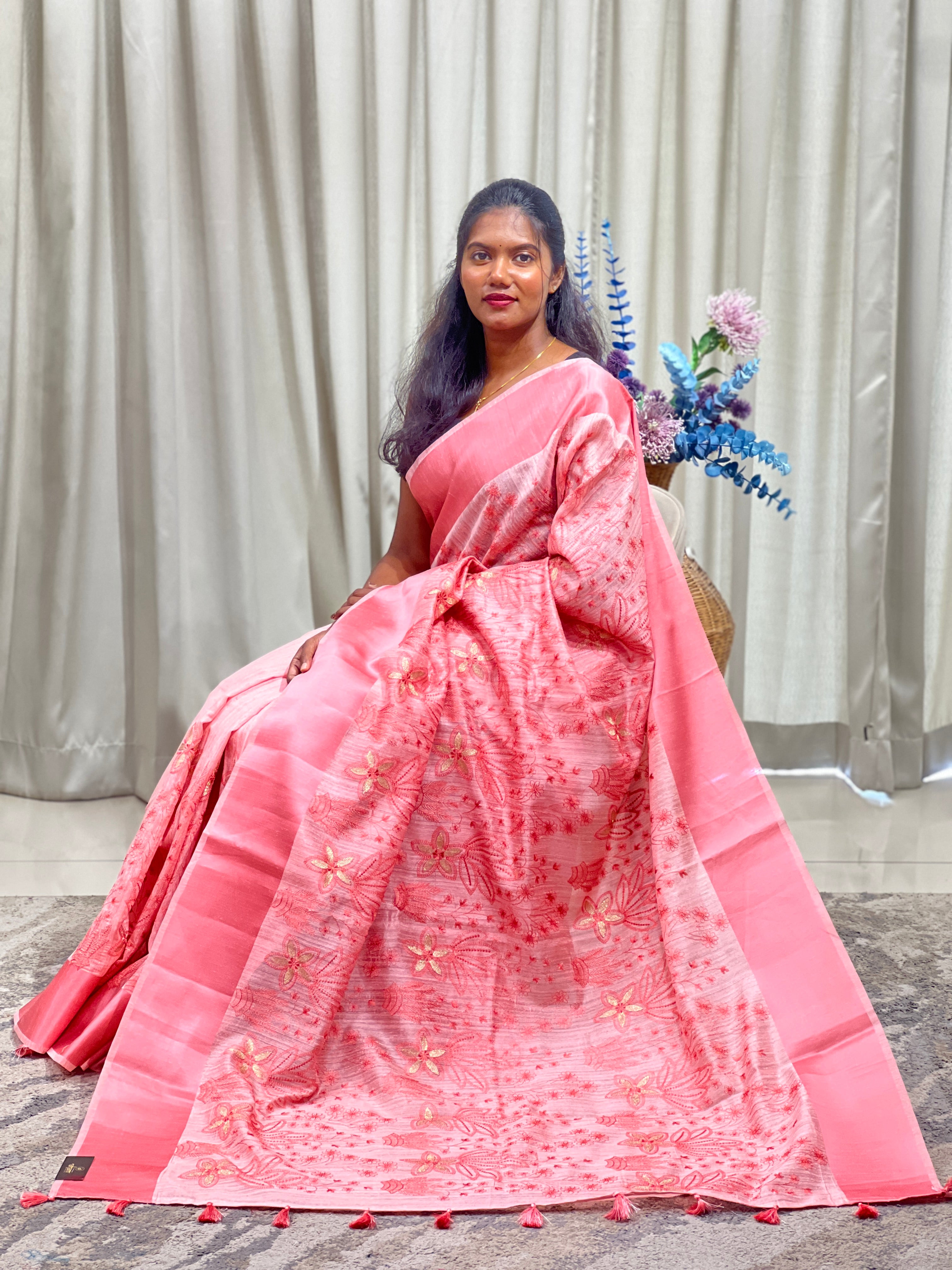 Floral Embroidered Green Silk Saree | ZSS498