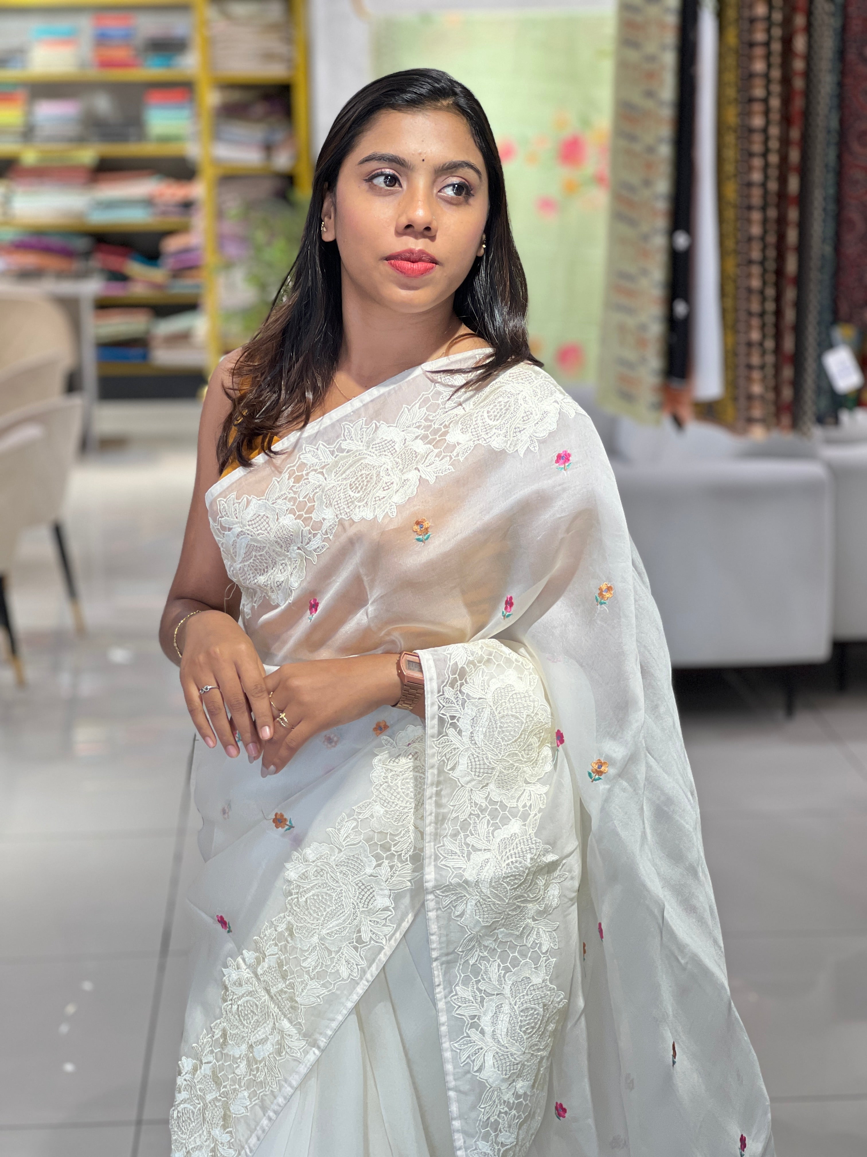 Floral Embroidery Detailed Pure Organza Saree | SBS1375
