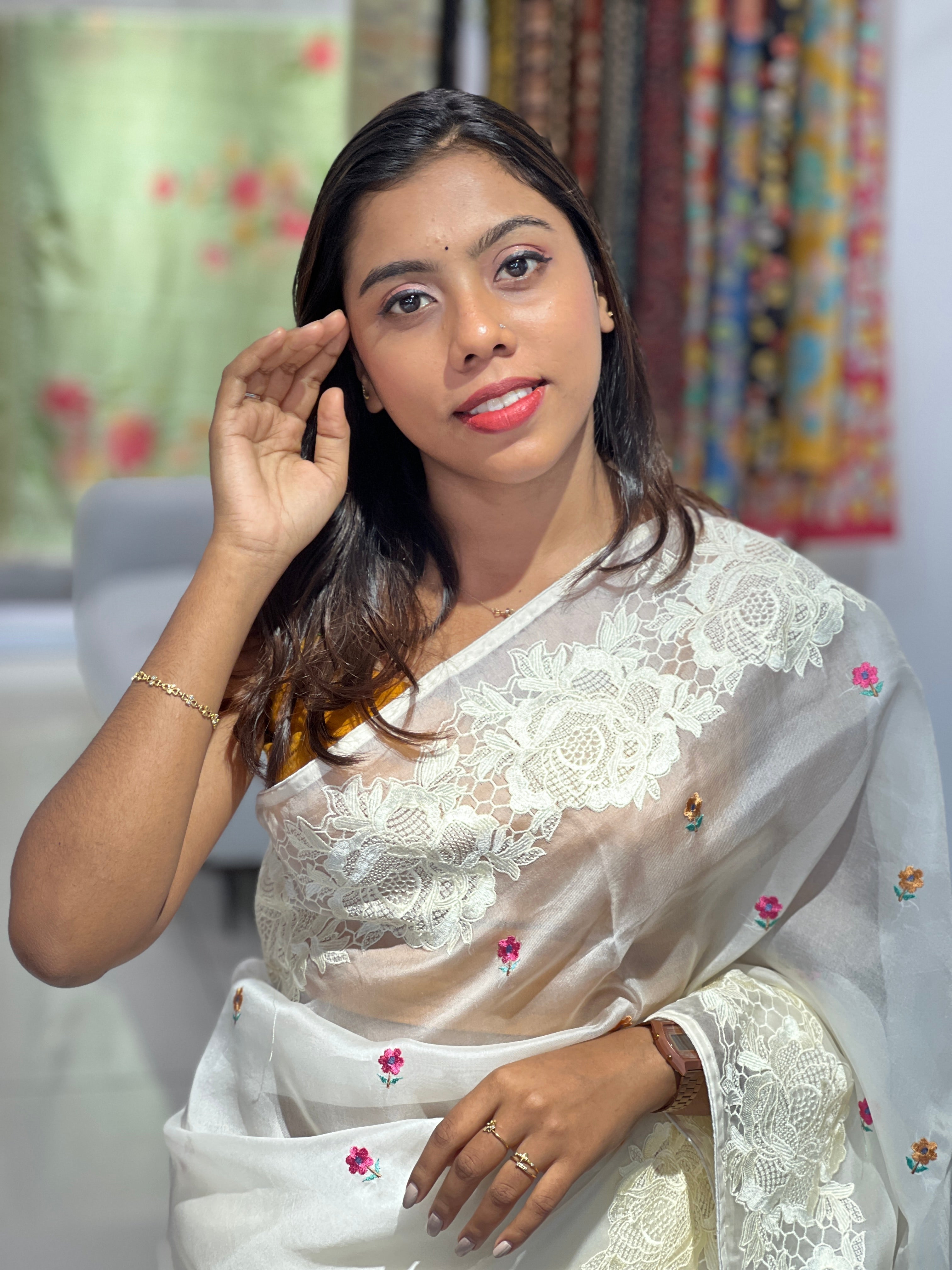 Floral Embroidery Detailed Pure Organza Saree | SBS1375