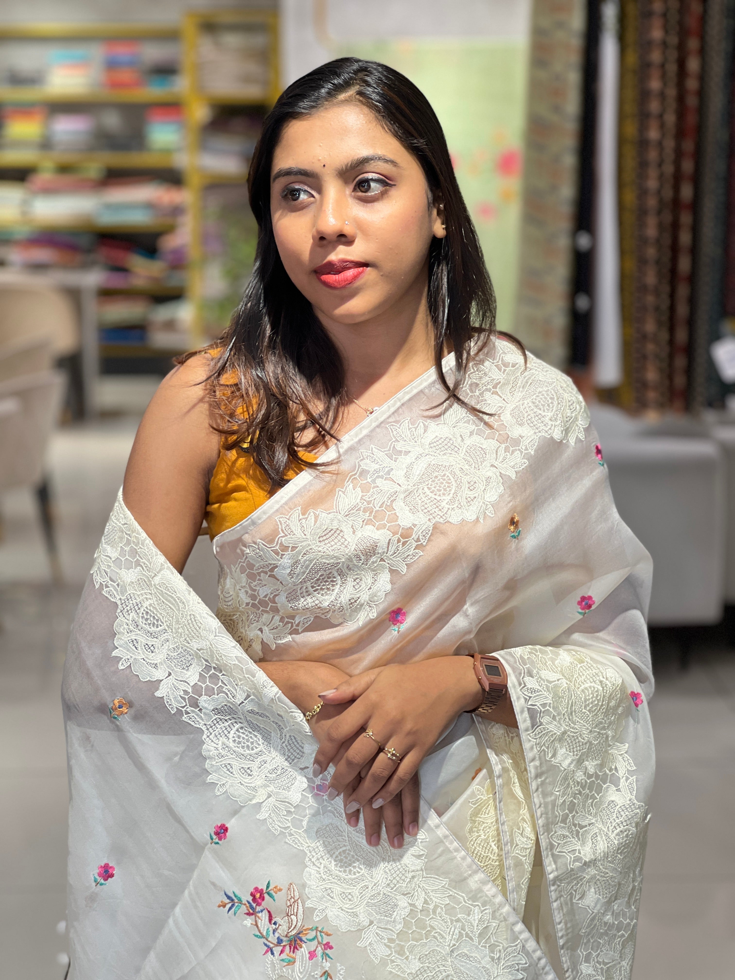 Floral Embroidery Detailed Pure Organza Saree | SBS1375