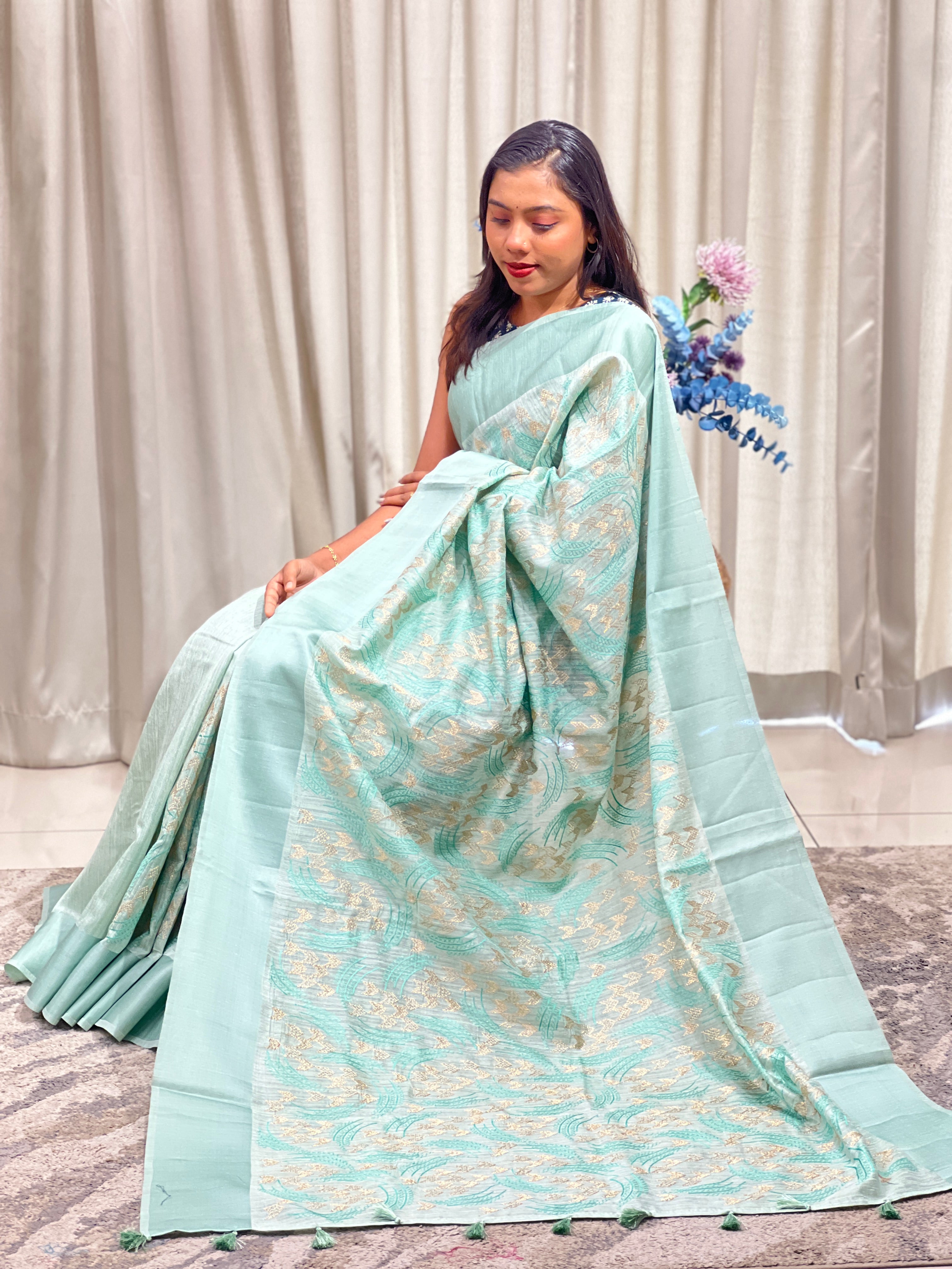 Geometric Pattern Green Silk Saree | ZSS506