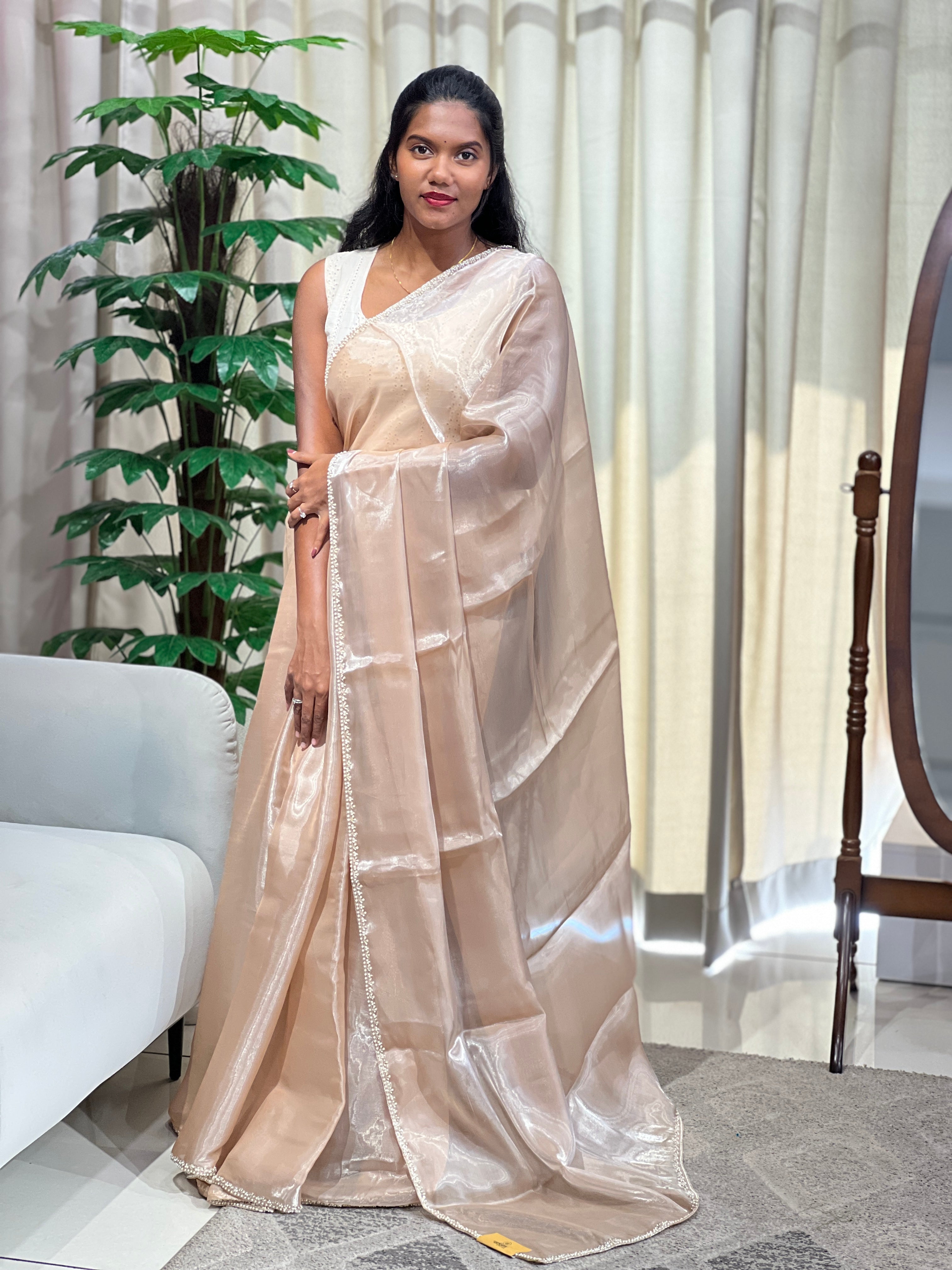 Cut Beads & Sugar Beads Detailed Shimmer Organza Saree | DNT1007