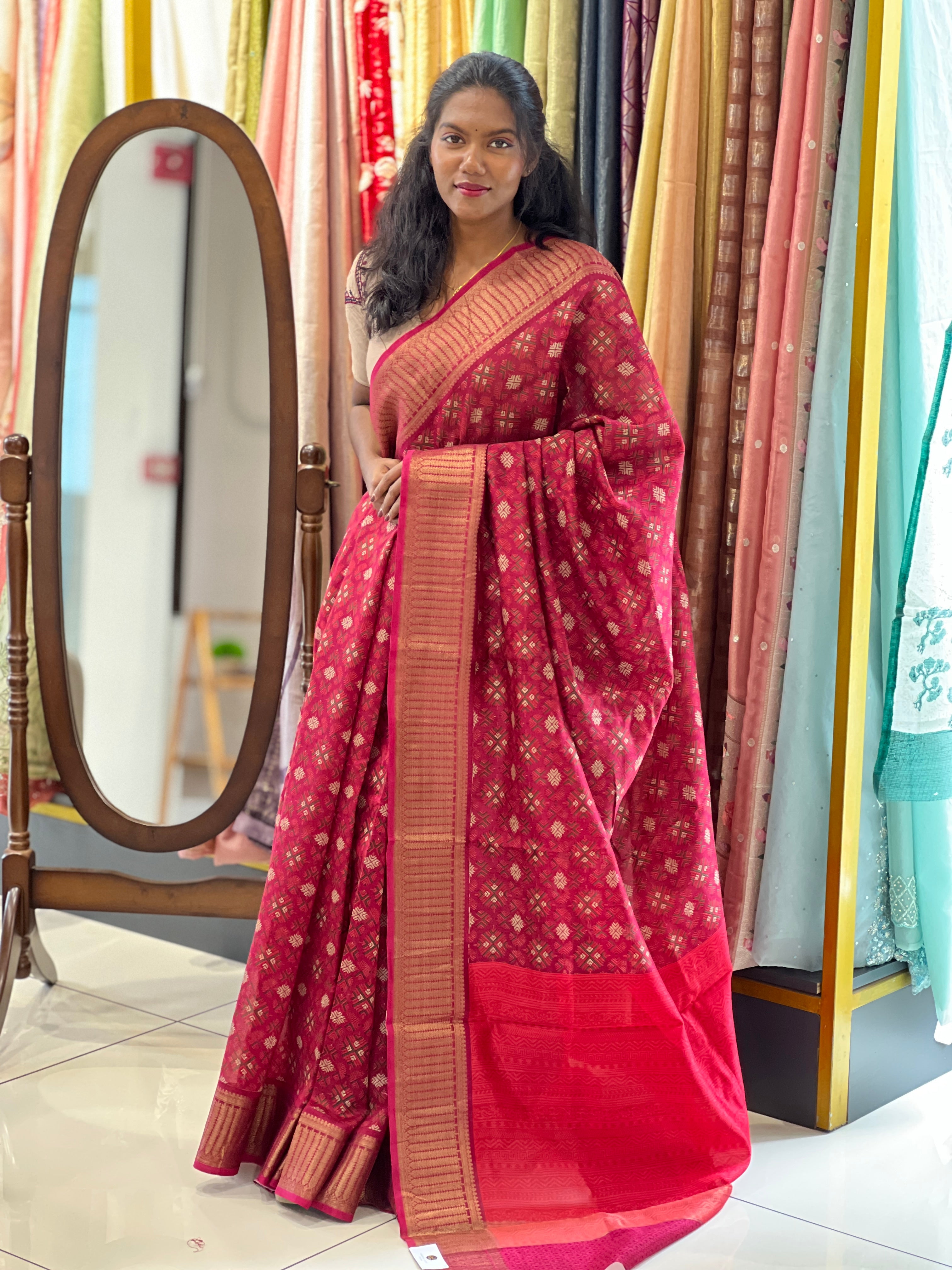 Geometric Print With Banarasi Detailed Chanderi Saree | RGD920R