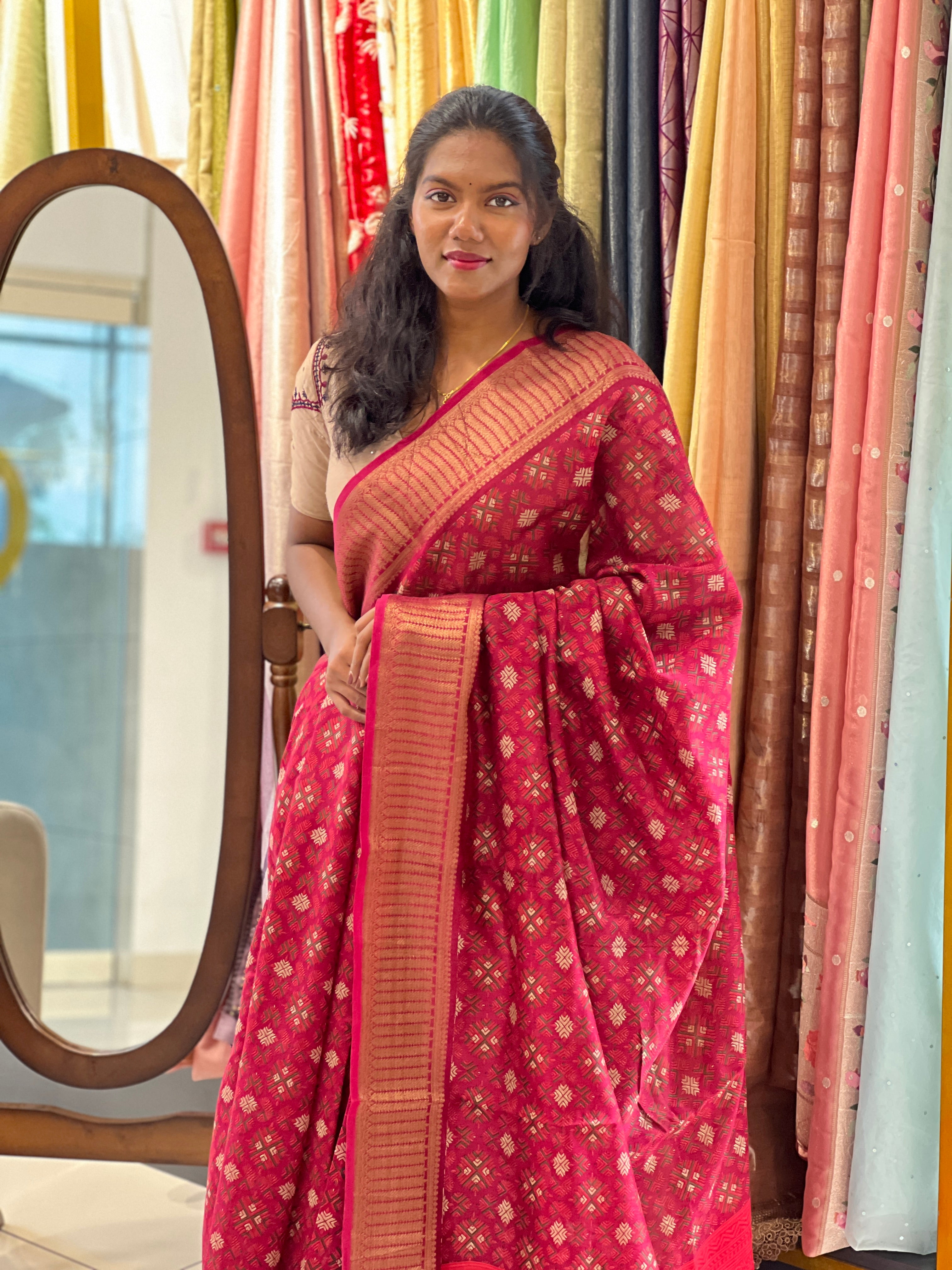 Geometric Print With Banarasi Detailed Chanderi Saree | RGD920R