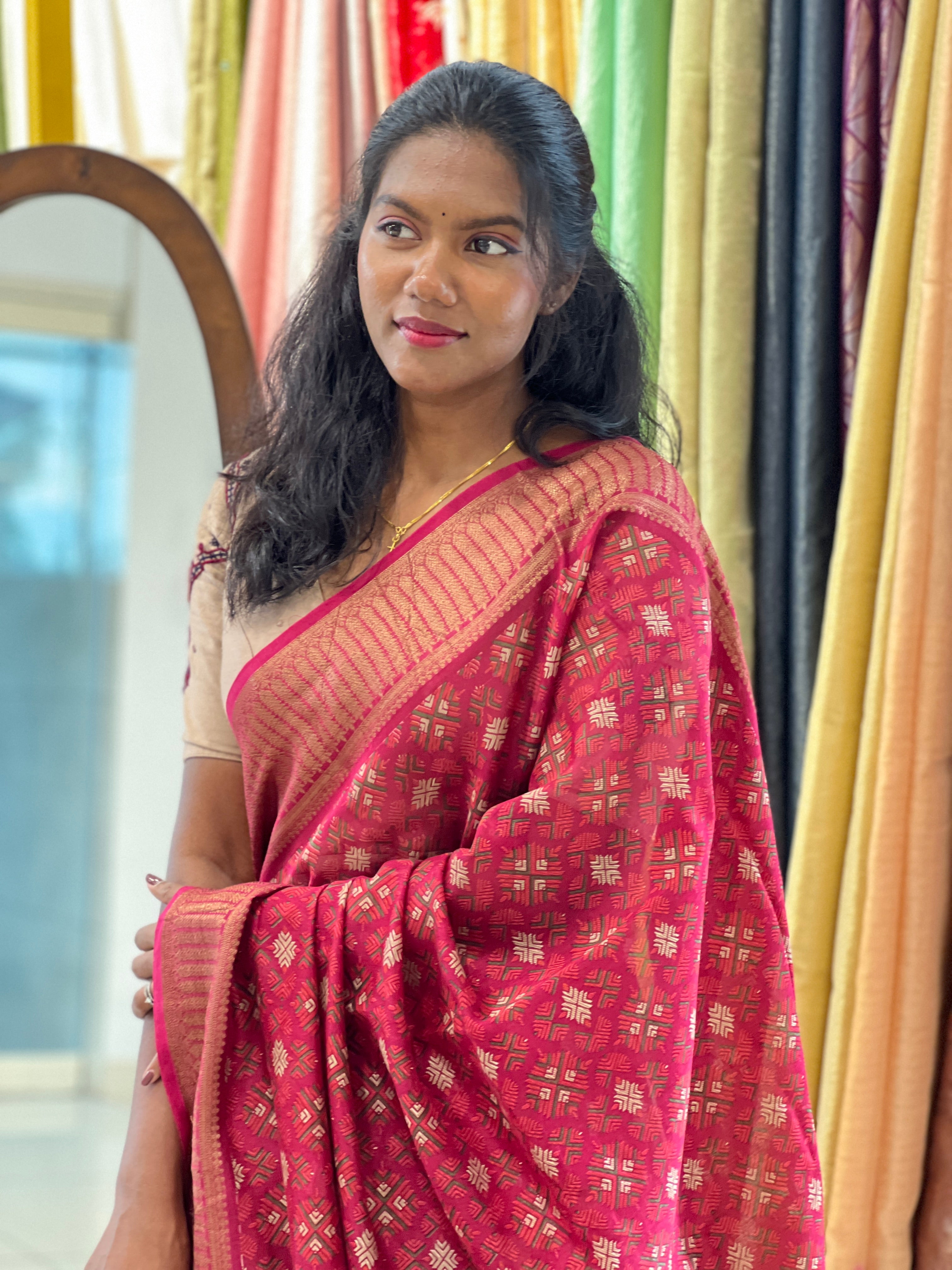Geometric Print With Banarasi Detailed Chanderi Saree | RGD920R