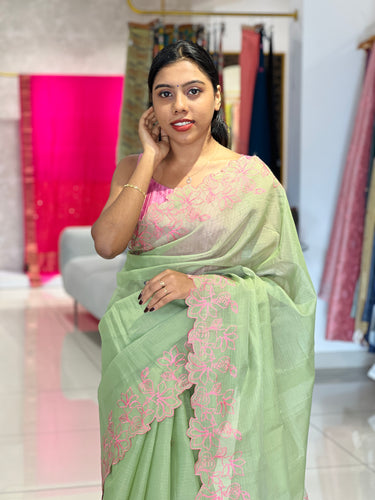 Floral Embroidered Check Organza Saree | JSC212