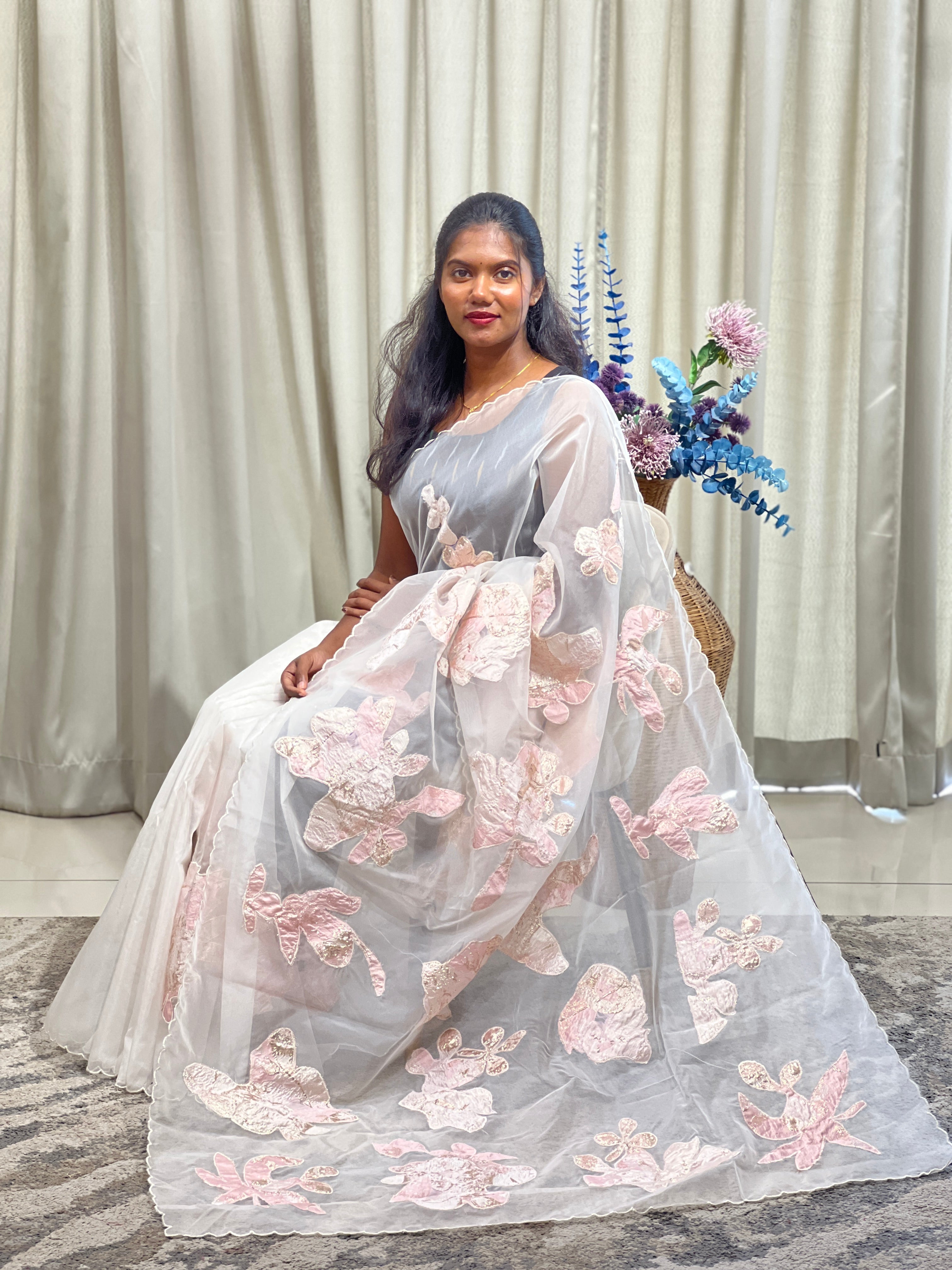 Abstract Floral Pattern Turkish Organza Saree | MM625