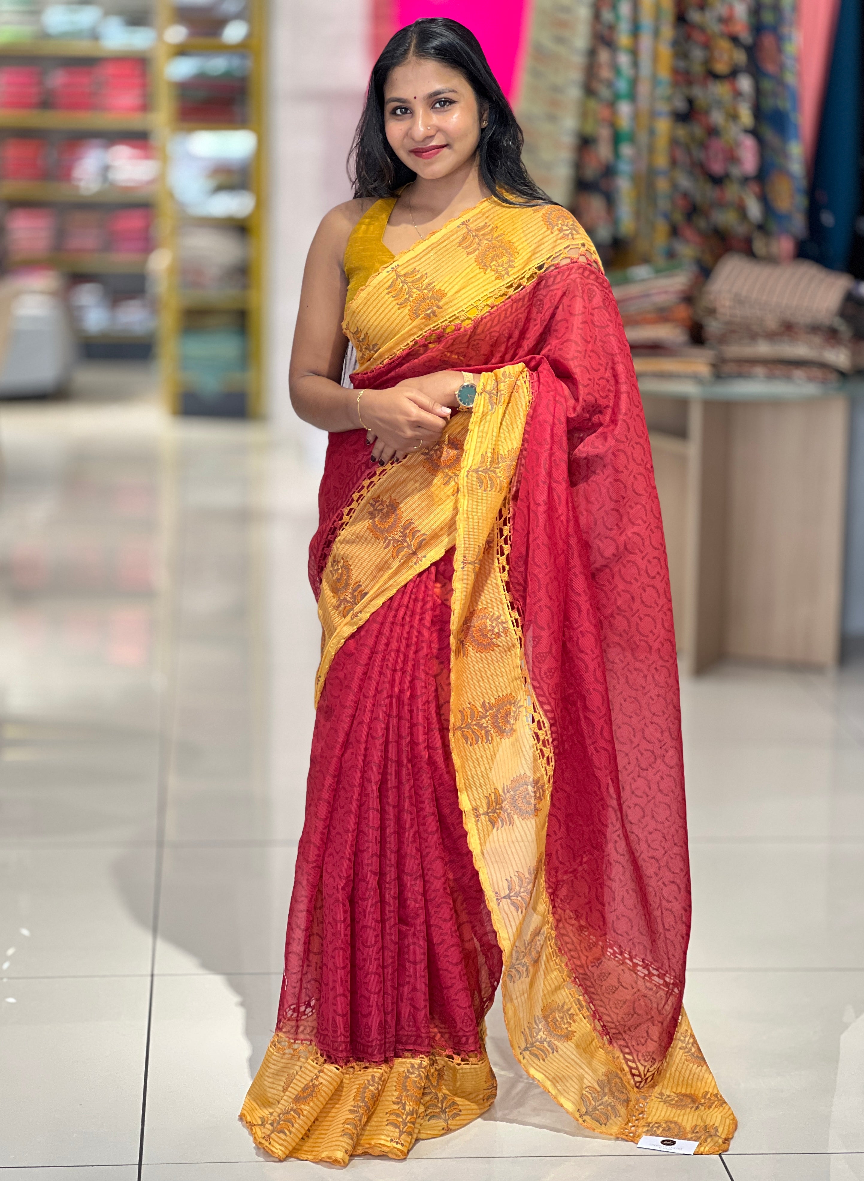 Supernet Kota Saree With Block Printed Contrast Borders | PF1054