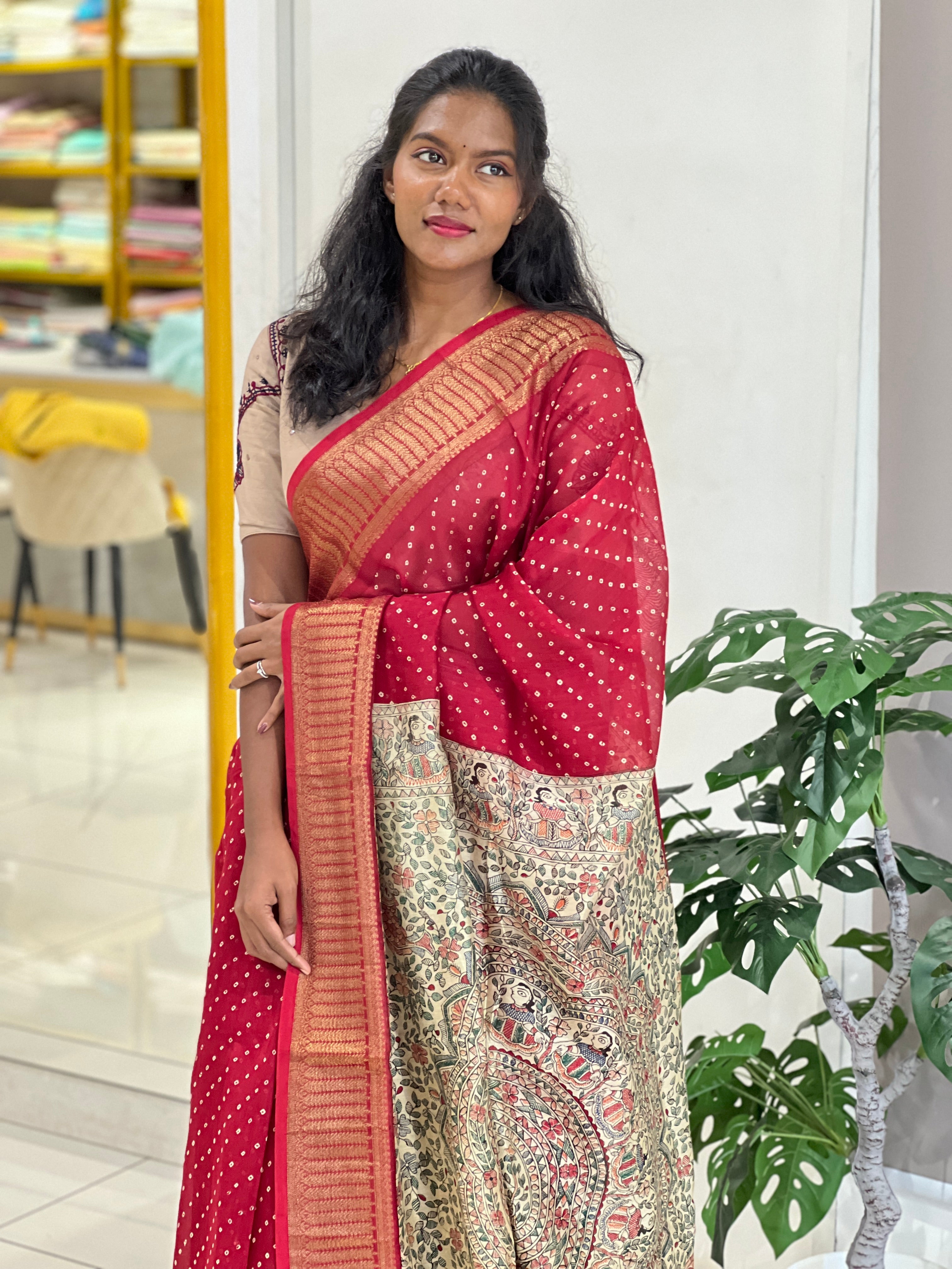 Bandhani Tie And Dye Patterned Chanderi Saree | RGD935R