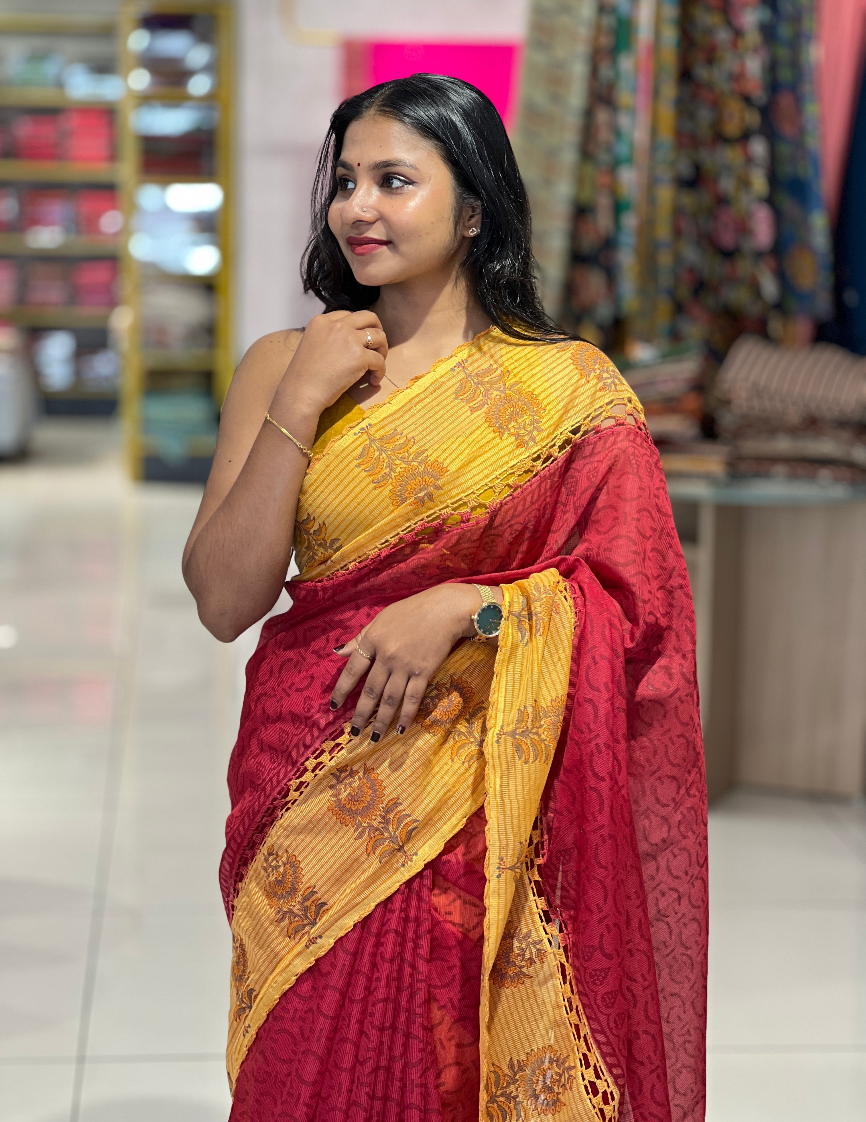 Supernet Kota Saree With Block Printed Contrast Borders | PF1054