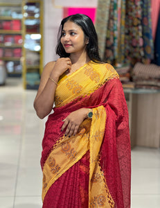 Supernet Kota Saree With Block Printed Contrast Borders | PF1054