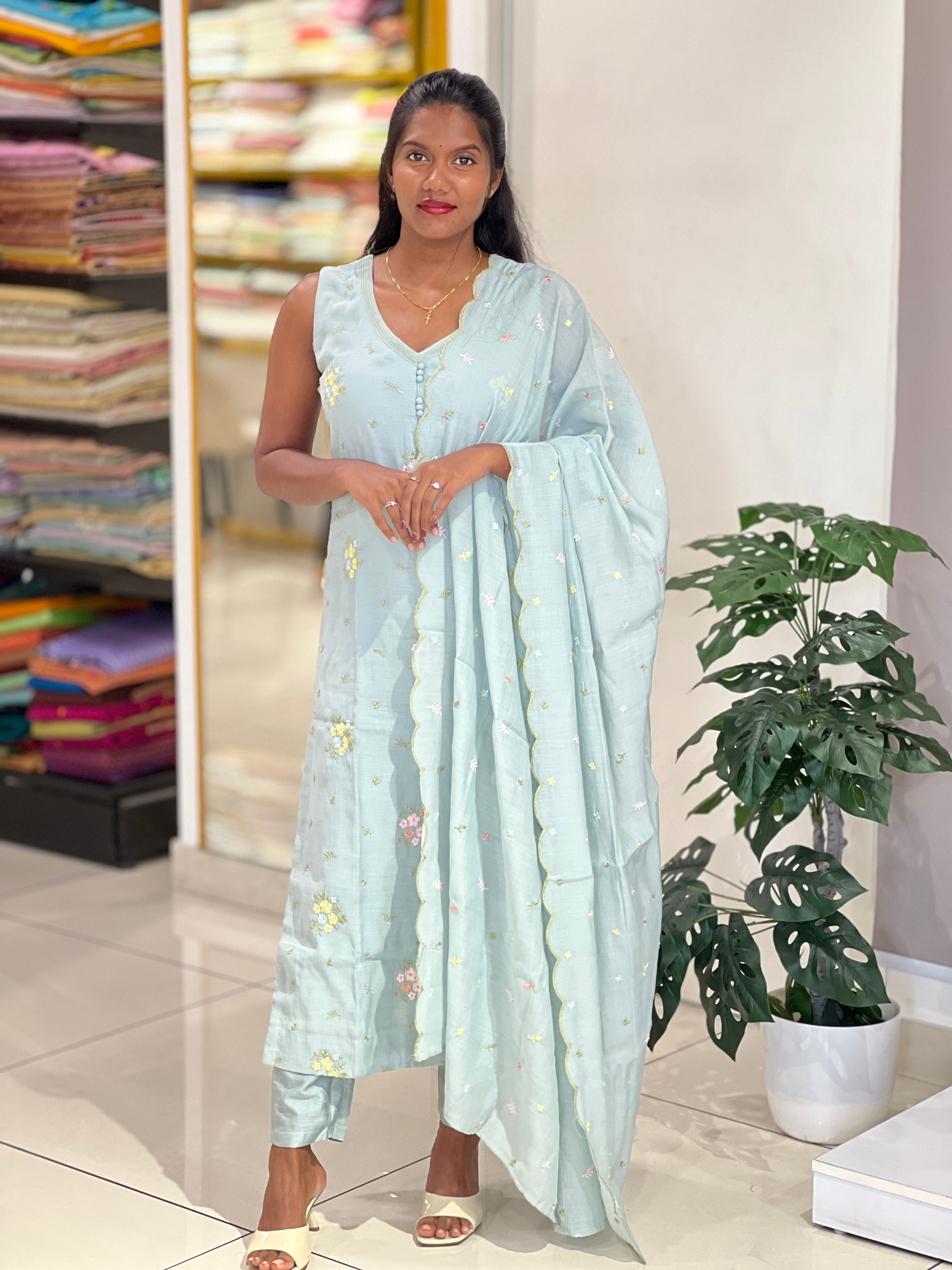 Floral Machine Embroidery Detailed Chanderi Kurta Set | NAI176