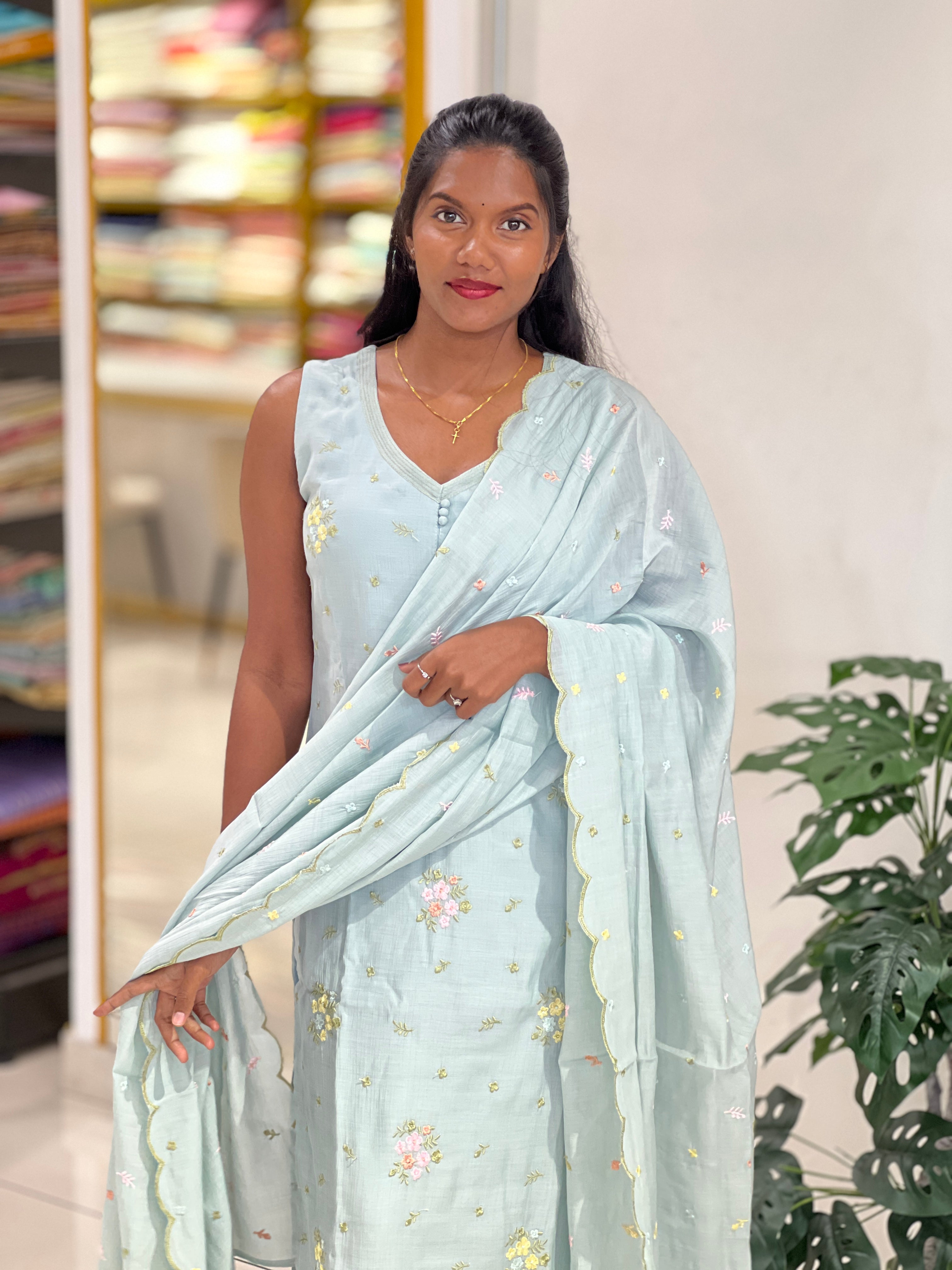 Floral Machine Embroidery Detailed Chanderi Kurta Set | NAI176