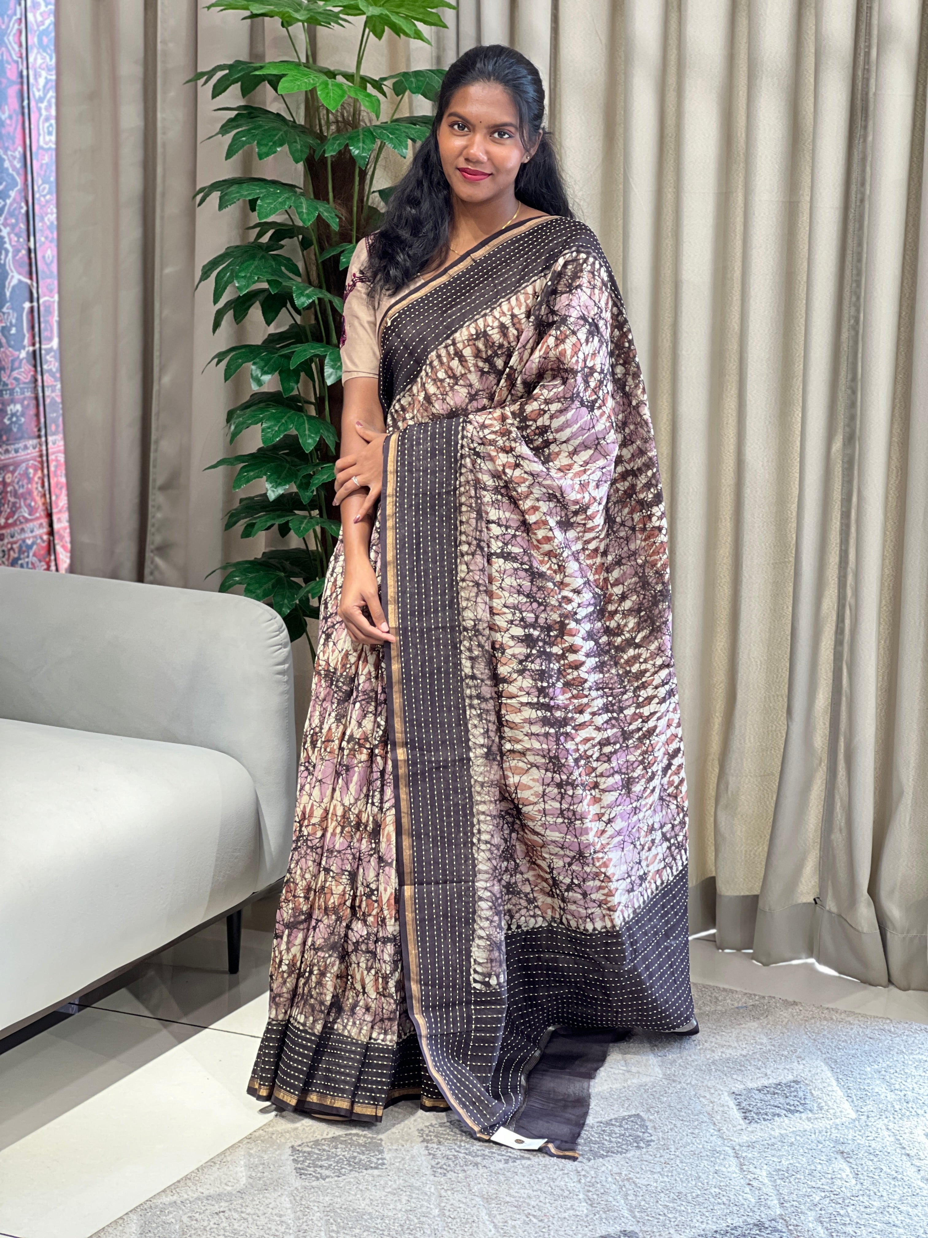 Batik Print With Kantha Embroidered Chanderi Saree | RGD917R