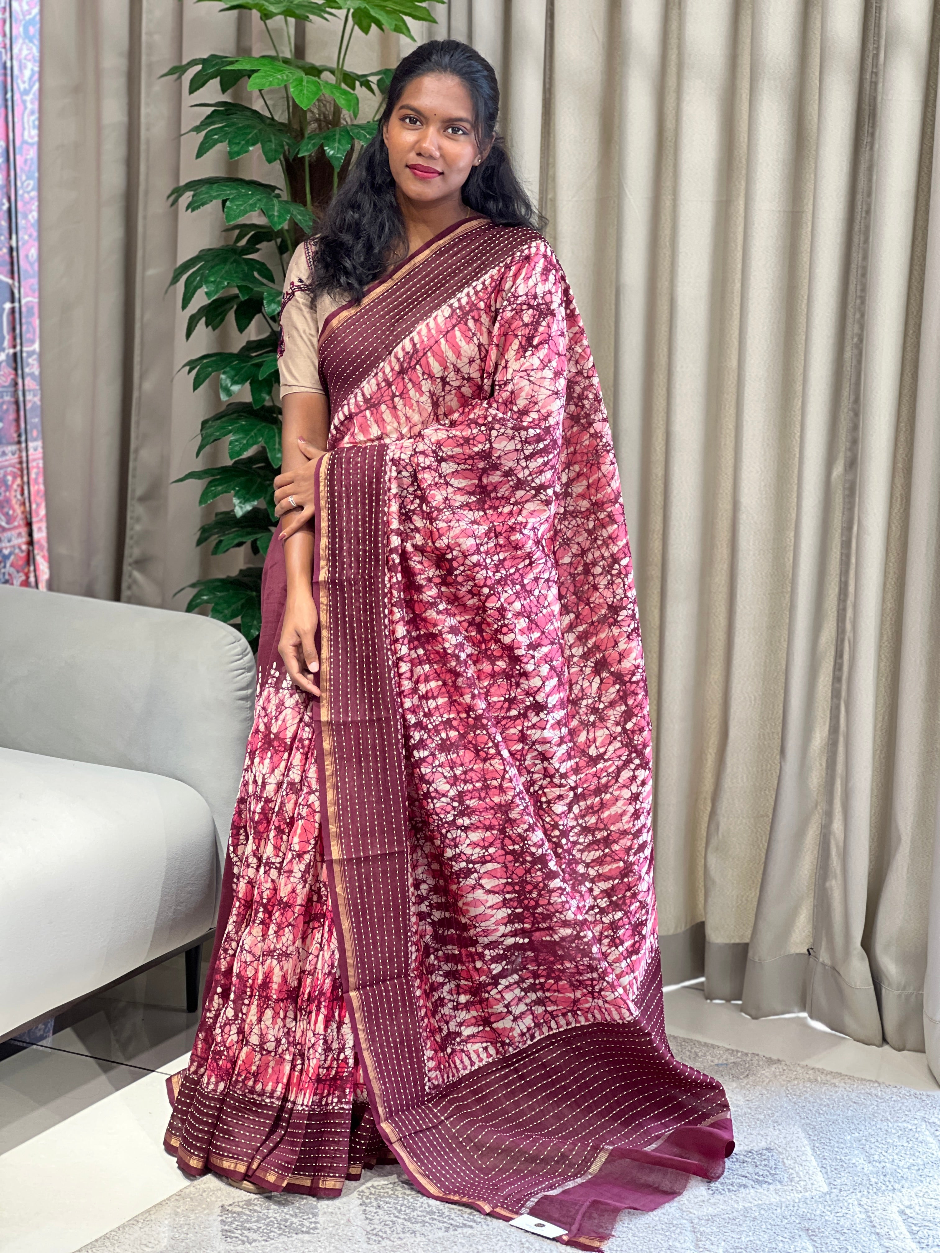 Batik Print With Kantha Embroidered Chanderi Saree | RGD915R
