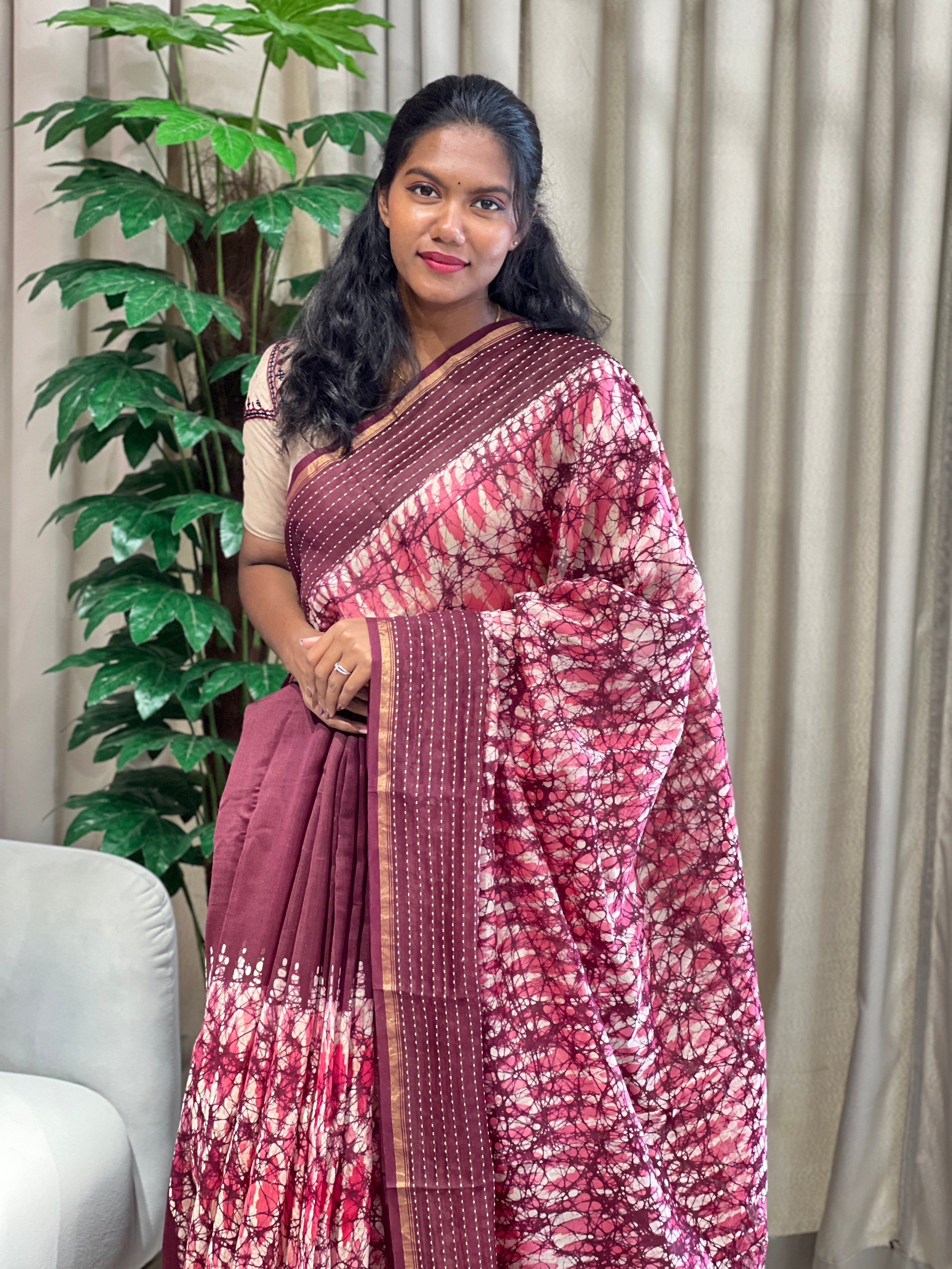 Batik Print With Kantha Embroidered Chanderi Saree | RGD915R