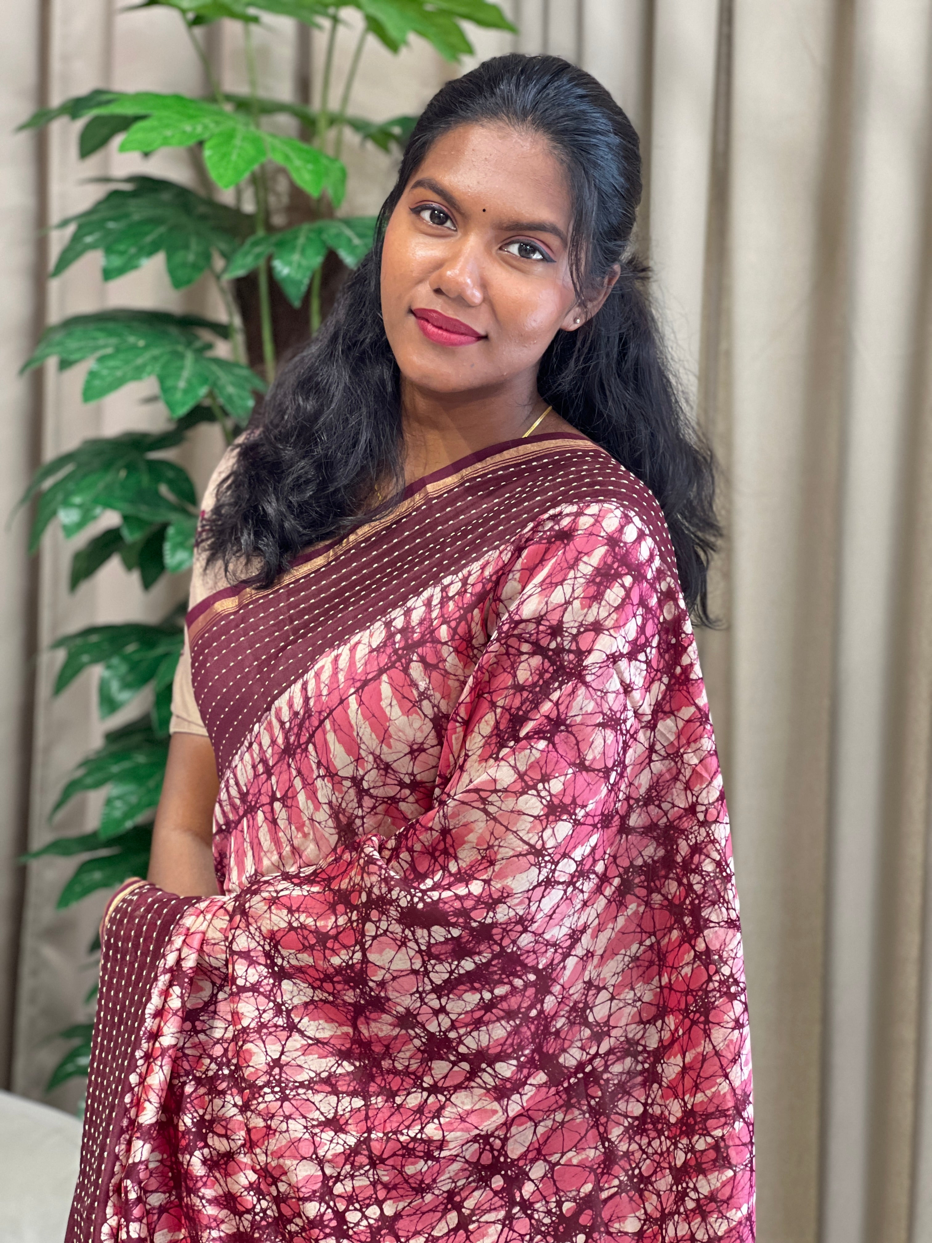Batik Print With Kantha Embroidered Chanderi Saree | RGD915R