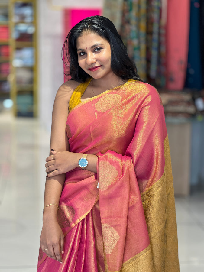 Traditional Zari Buta Detailed Tissue Linen Saree | HT113
