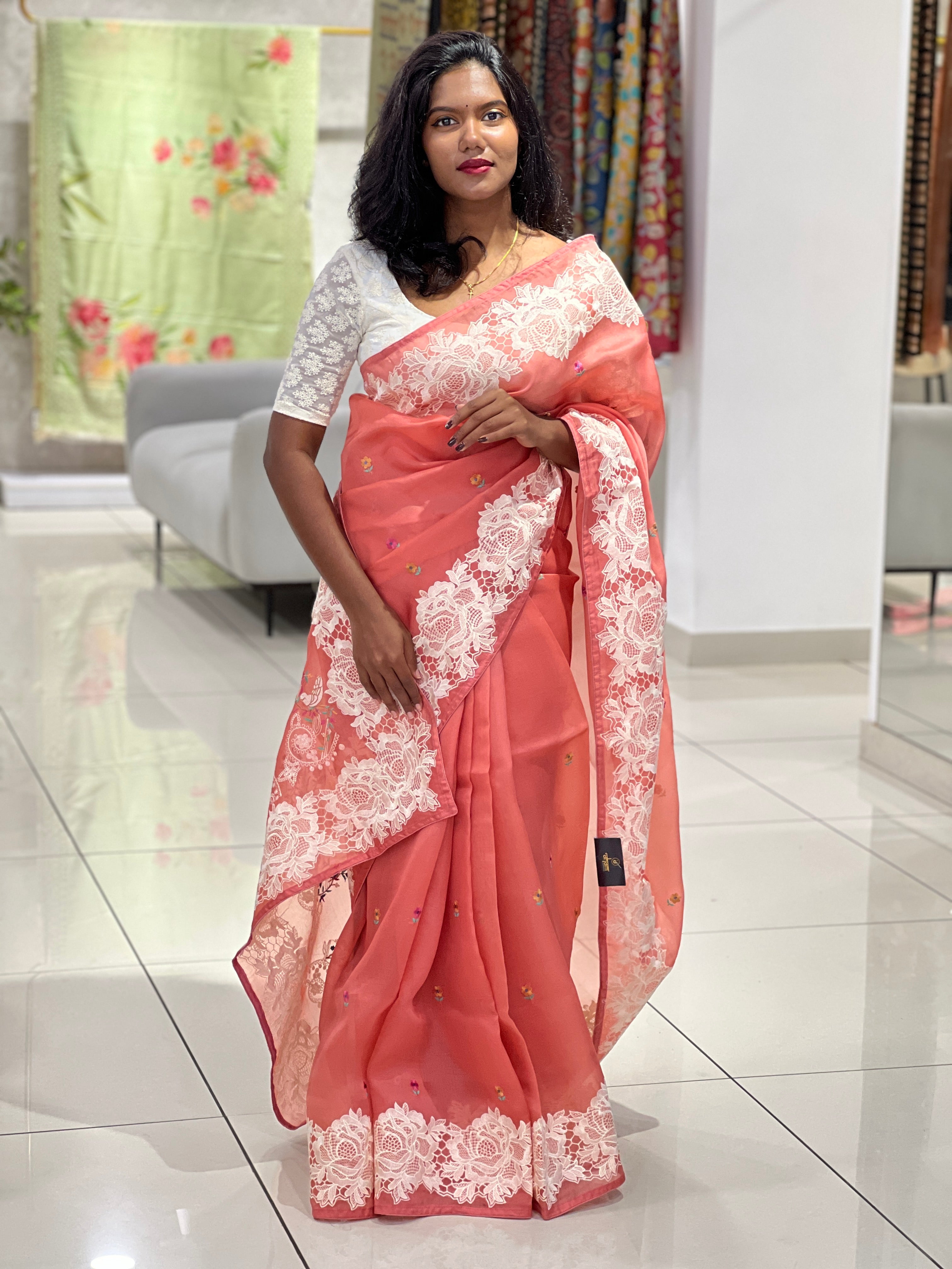 Floral Embroidery Detailed Pure Organza Saree | SBS1374