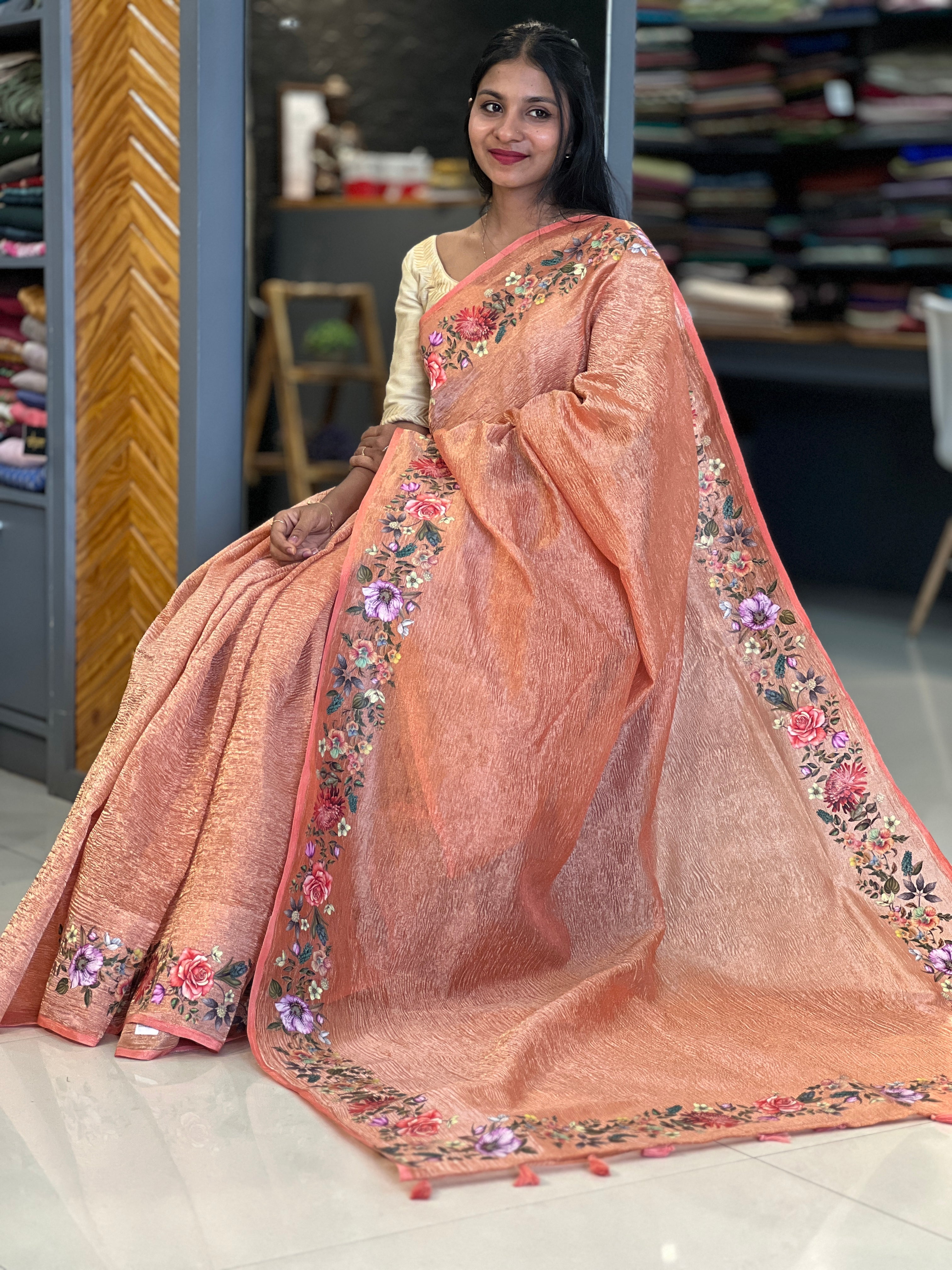 Floral Pattern Crush Tissue Saree | DVS101