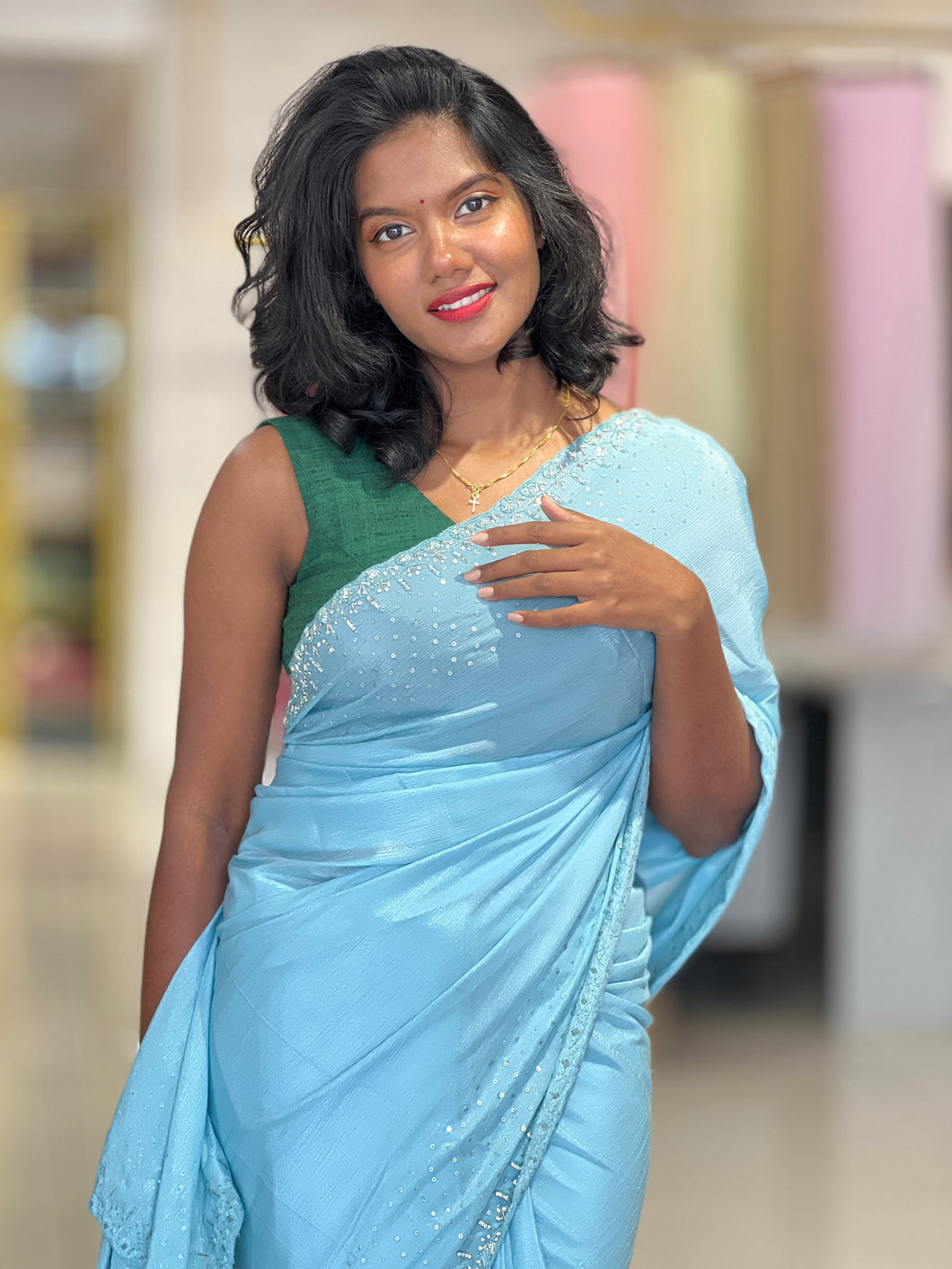 Hand Work Design Chinon Saree | SBP1003
