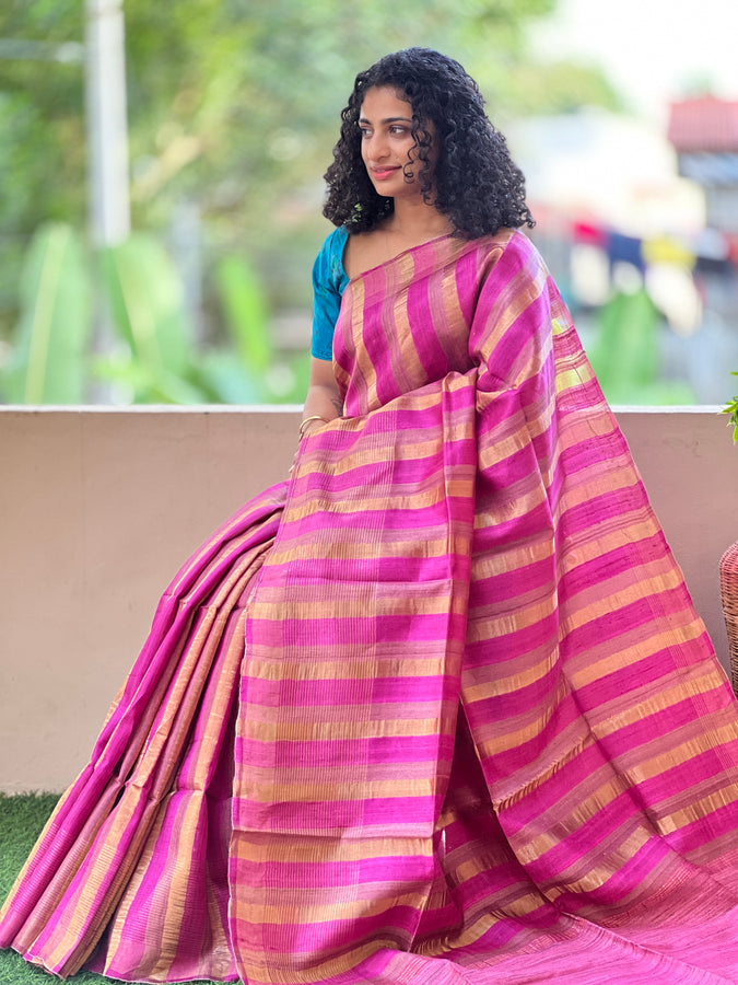 Stripe Weaving Patterned Pure Tussar Saree | SK342