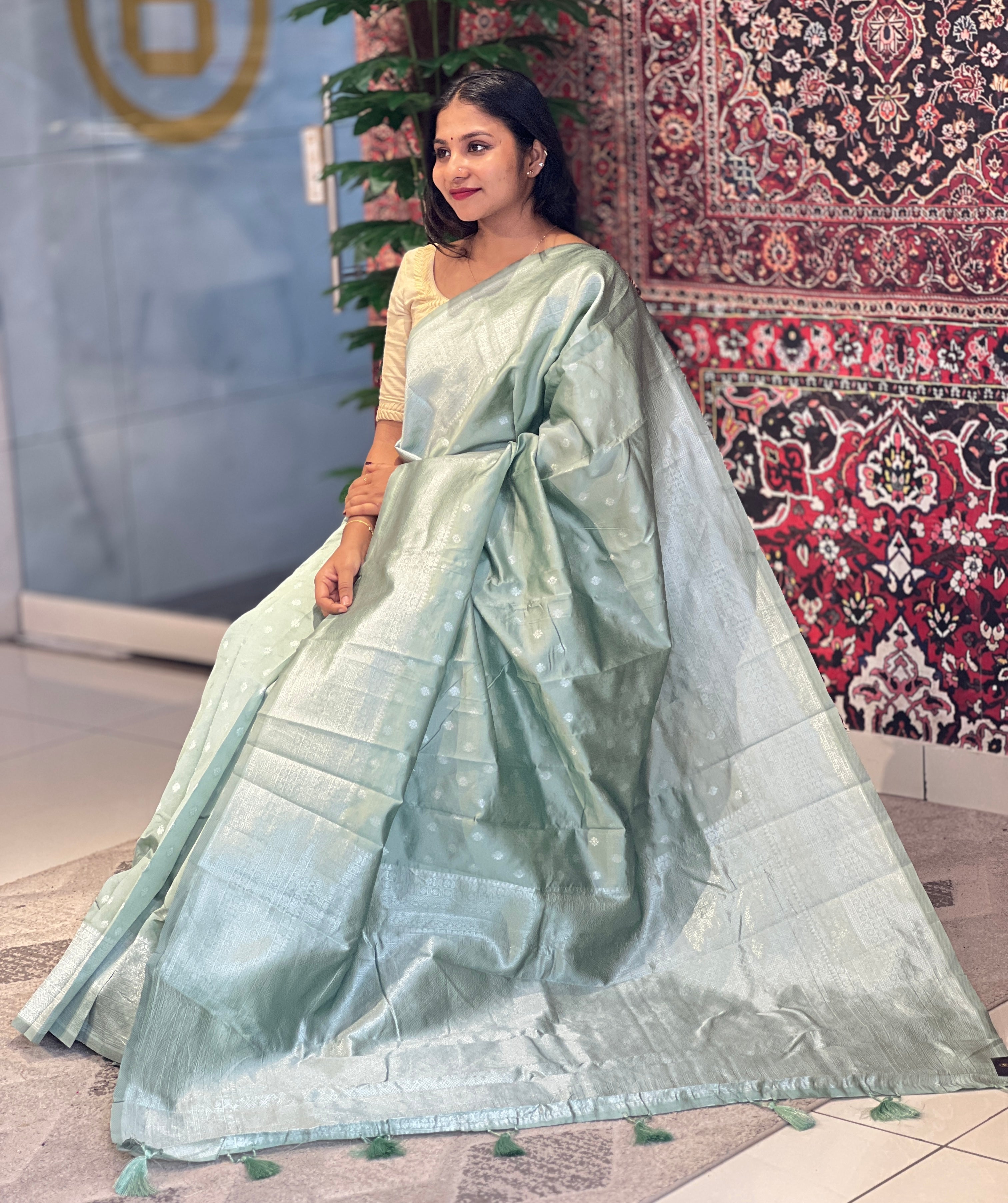 Traditional Silver Zari Buta Weaved Semi Silk Saree | HT168