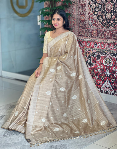 Machine Embroidery With Kantha Border Detailed Tussar Finish Saree | SUN316