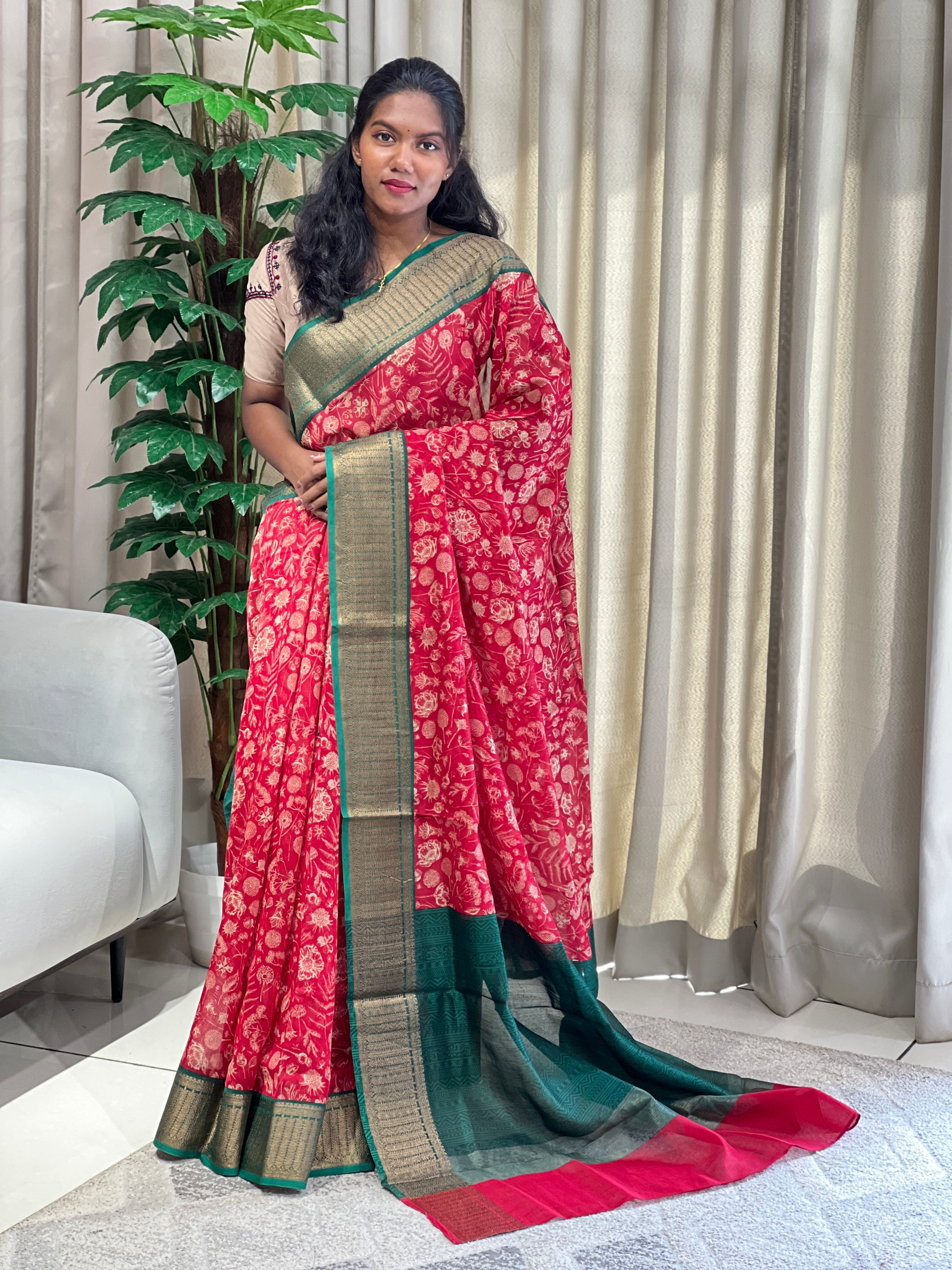 Floral and Leaf Printed Chanderi Saree | RGD955R