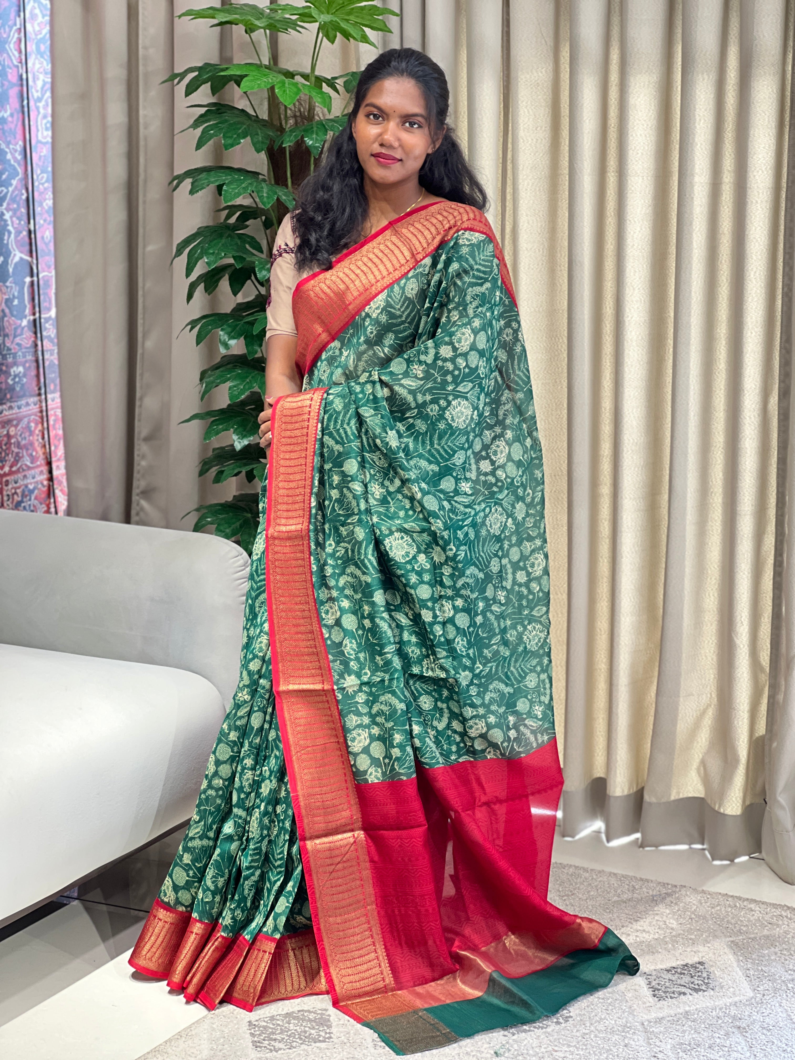 Floral and Leaf Printed Chanderi Saree | RGD954R