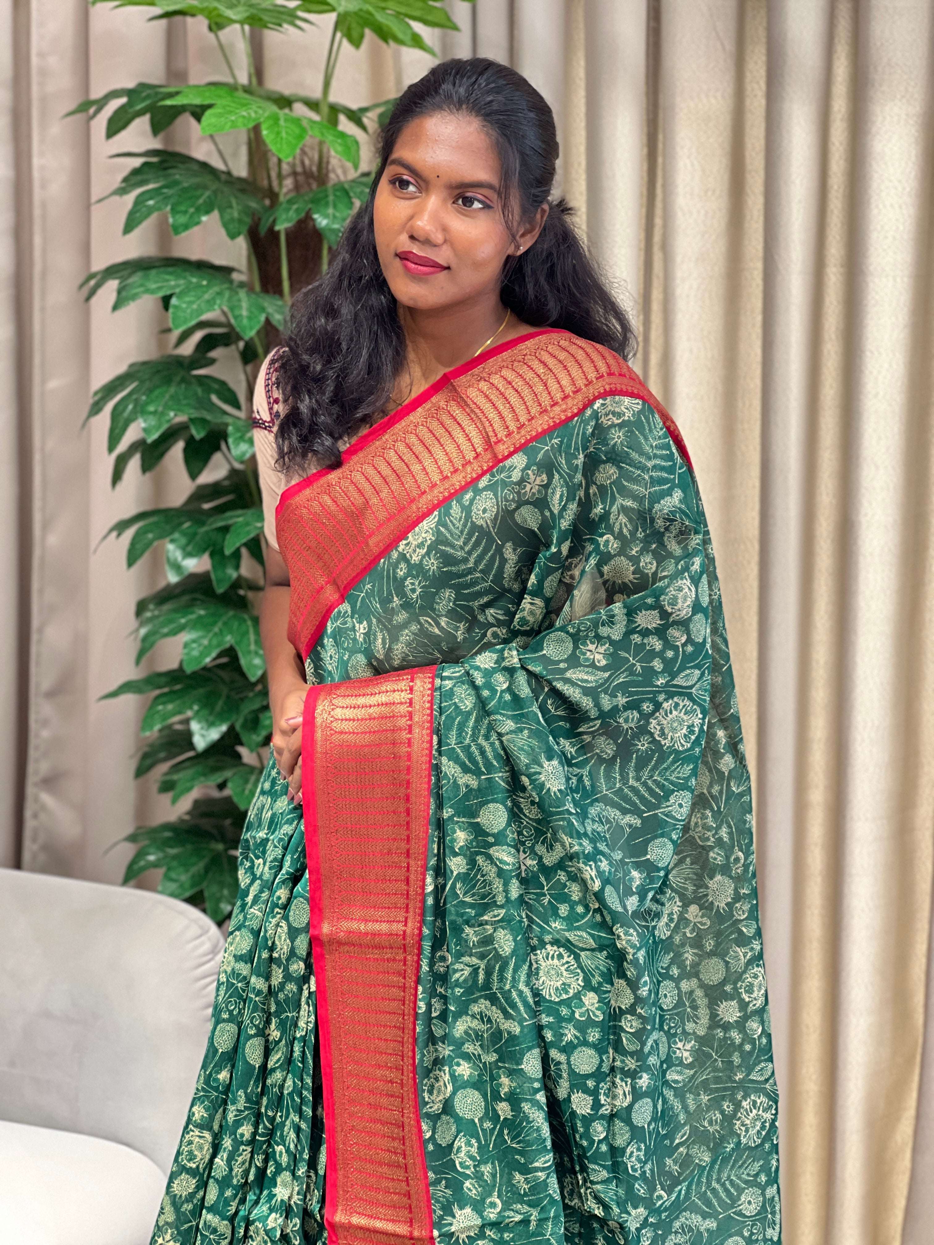 Floral and Leaf Printed Chanderi Saree | RGD954R