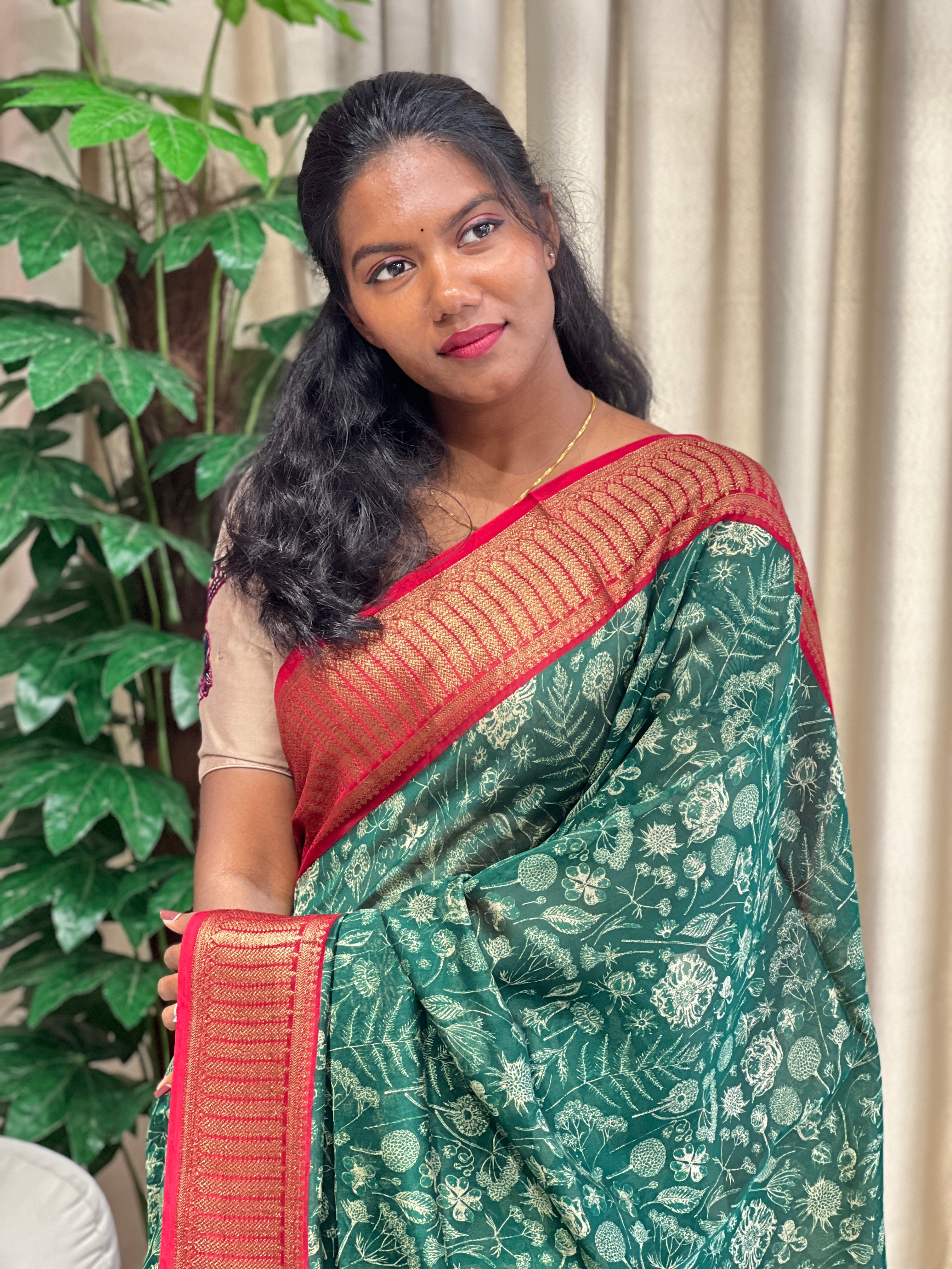 Floral and Leaf Printed Chanderi Saree | RGD954R
