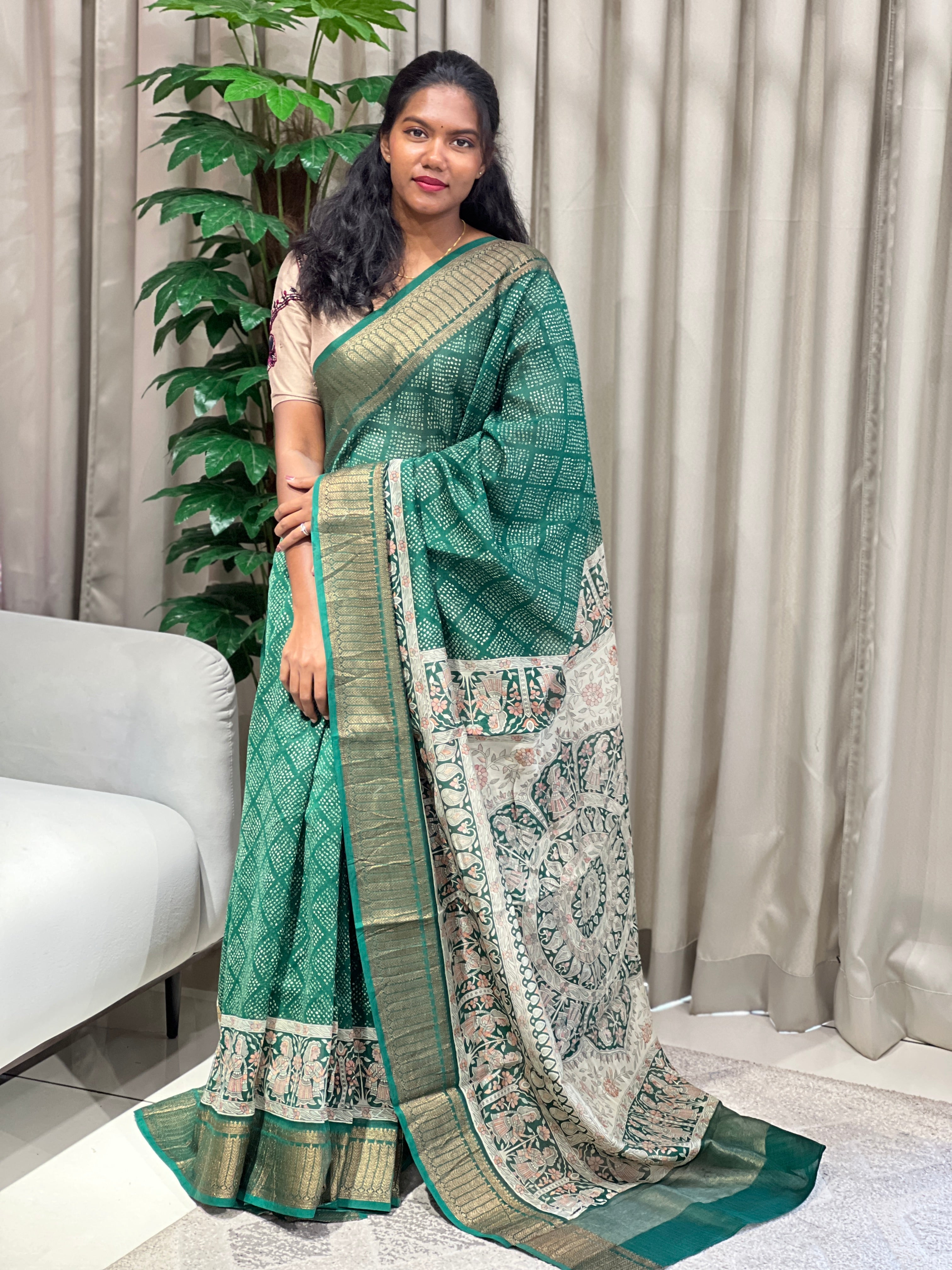 Bandhani & Kalamkari Print Detailed Chanderi Saree | RGD962R