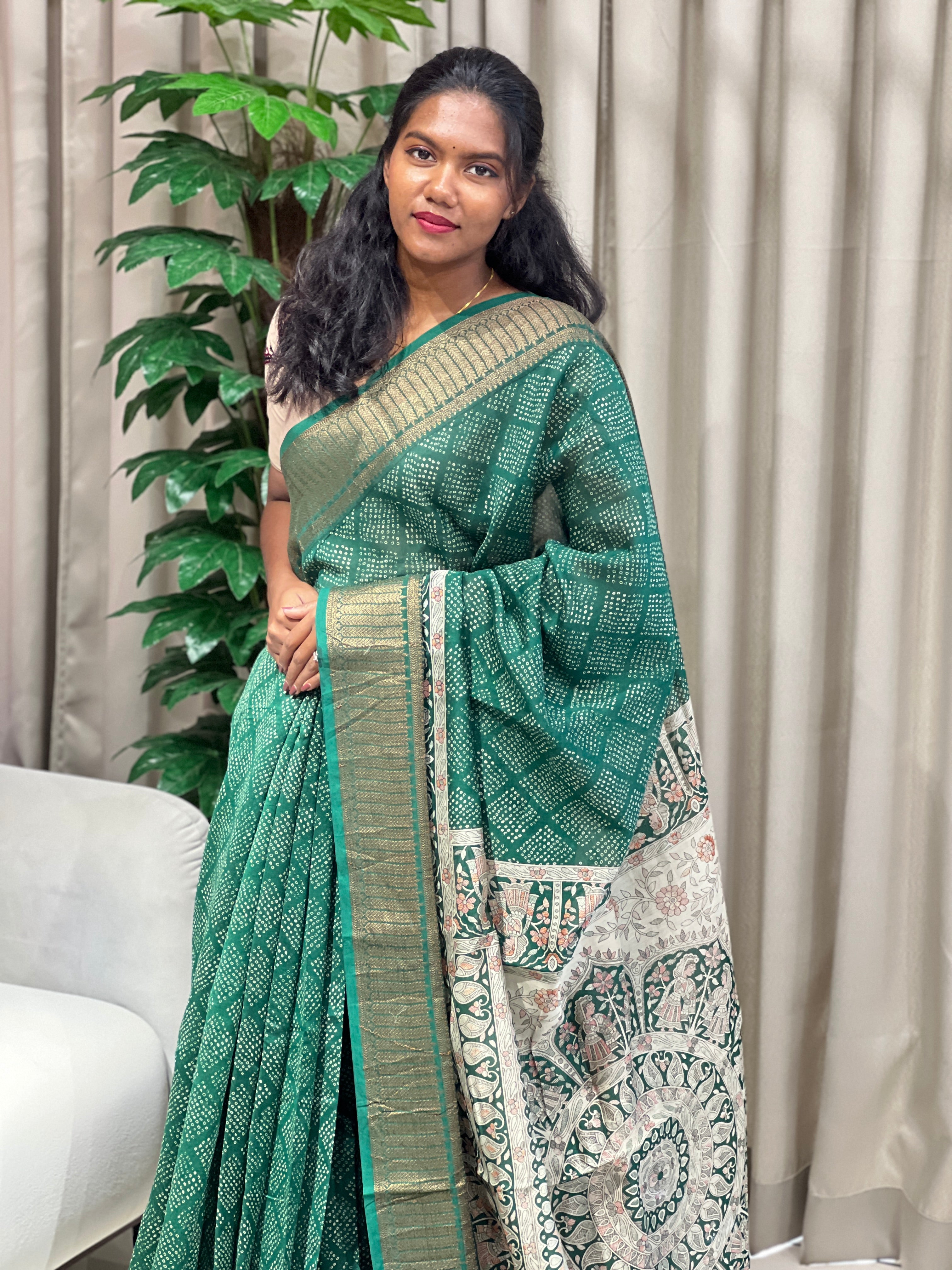 Bandhani & Kalamkari Print Detailed Chanderi Saree | RGD962R