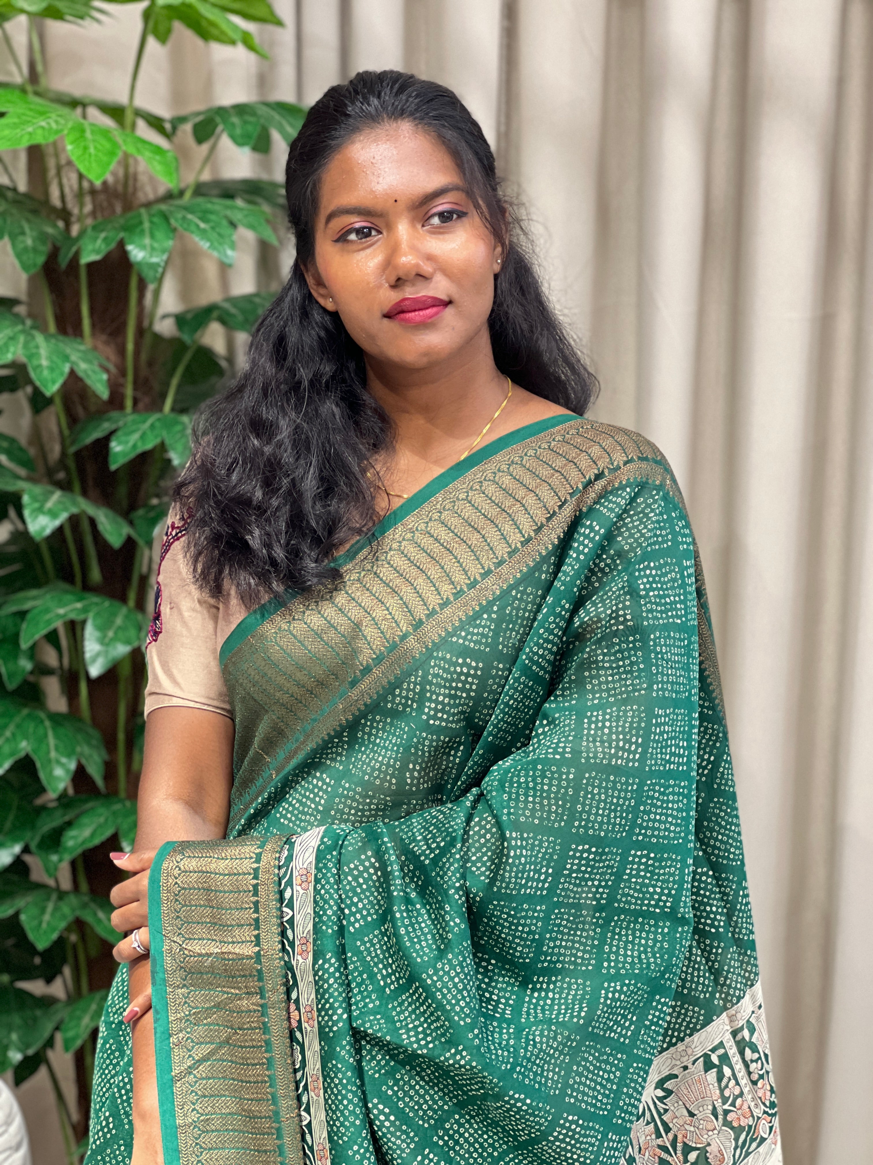 Bandhani & Kalamkari Print Detailed Chanderi Saree | RGD962R