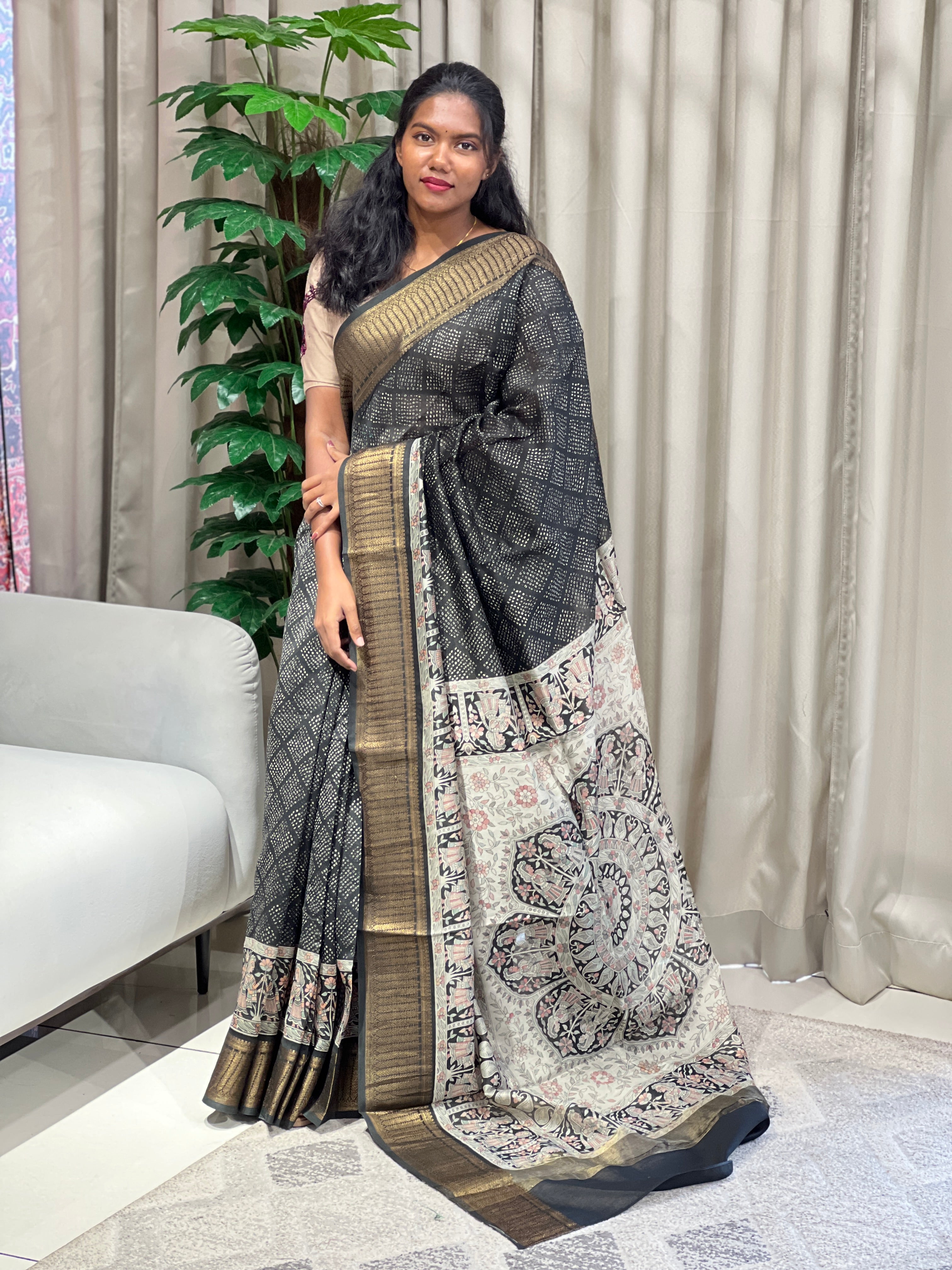 Bandhani & Kalamkari Print Detailed Chanderi Saree | RGD963R
