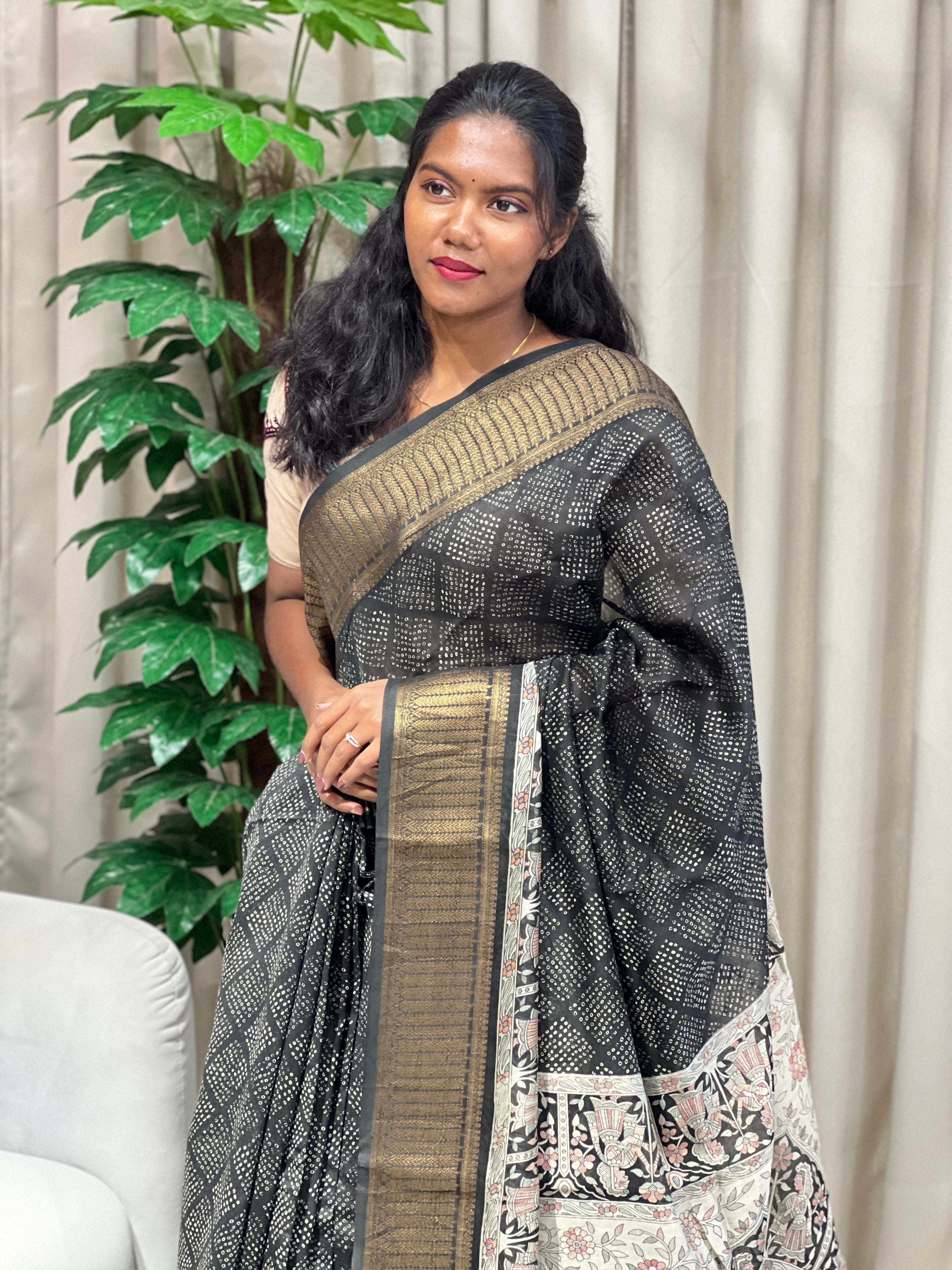 Bandhani & Kalamkari Print Detailed Chanderi Saree | RGD963R