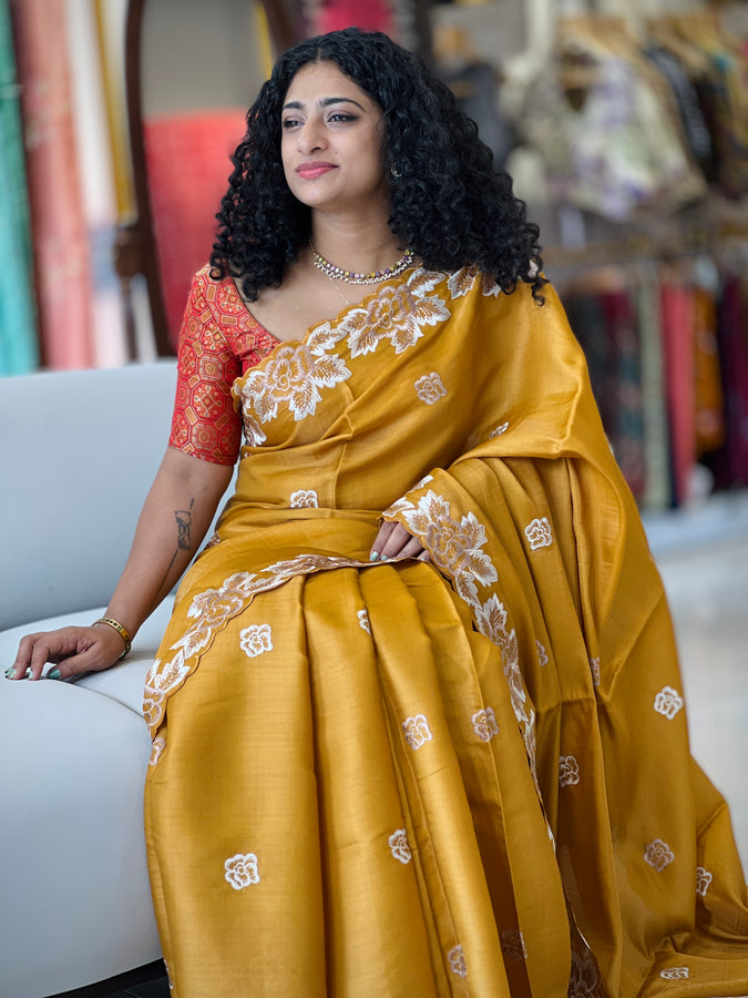 Floral Embroidered Tussar Saree | SHC189