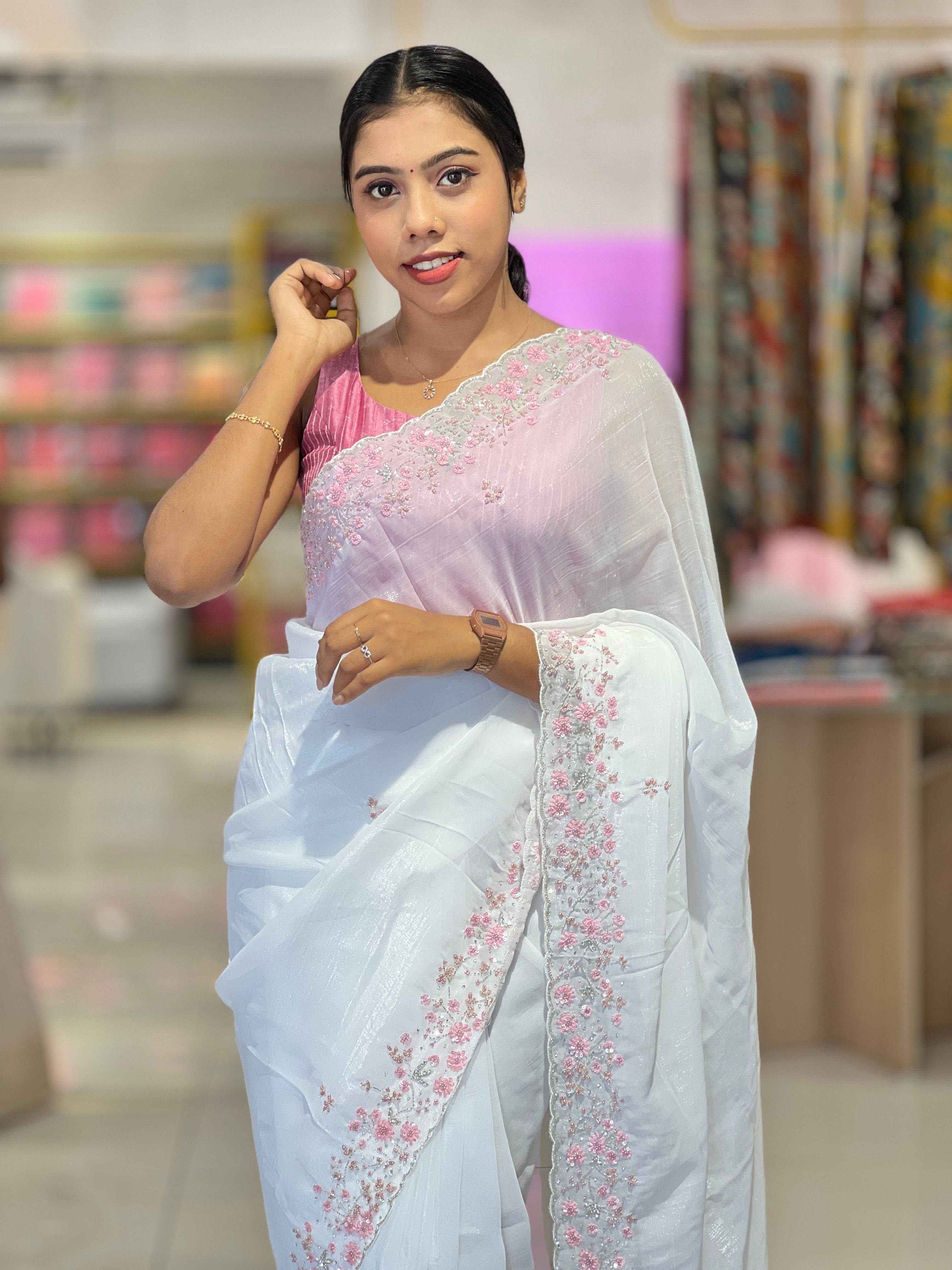 Hand Work Design Shimmer Organza Saree | SBP947
